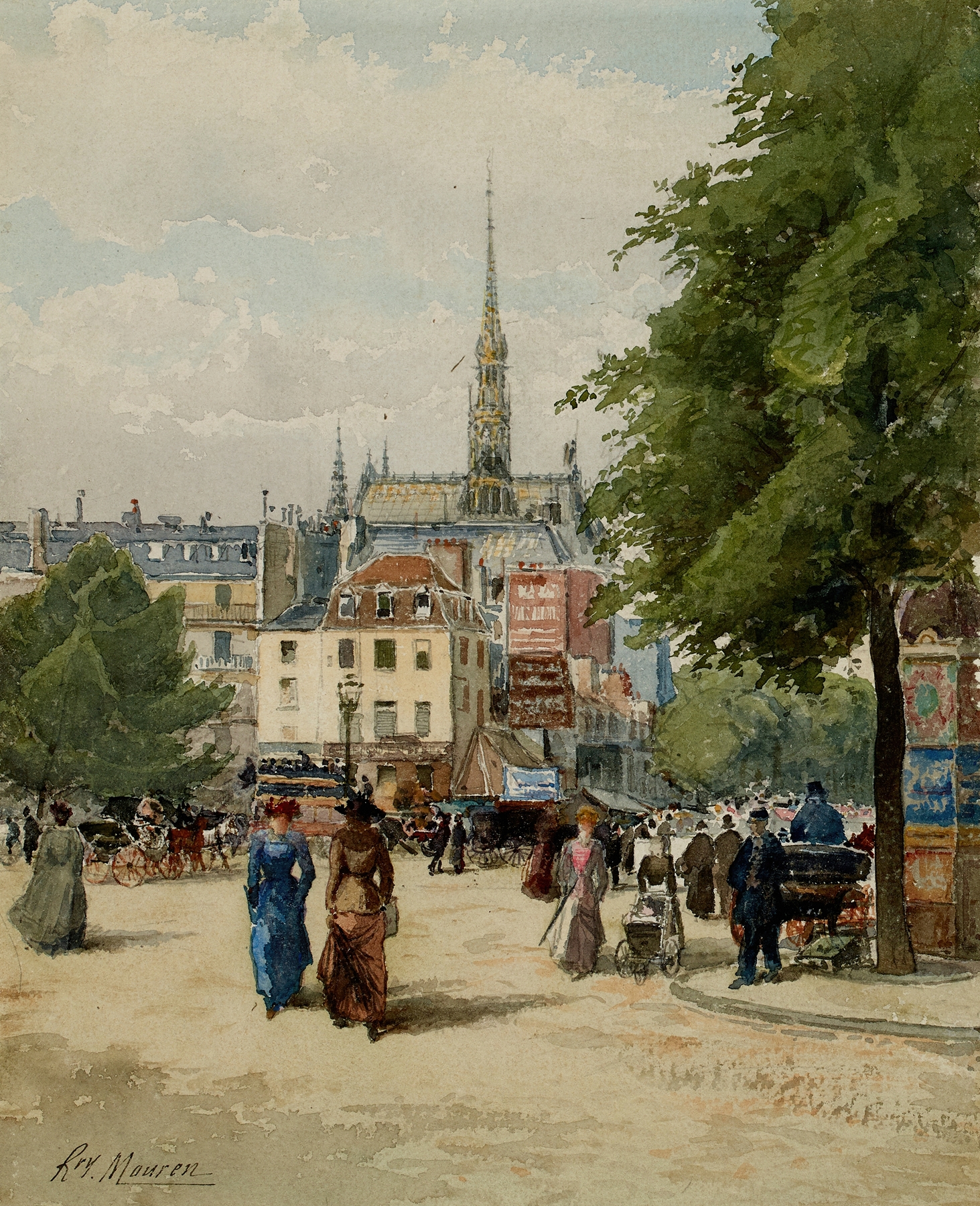 Place Saint-Michel by Henri Laurent Mouren, impressionism, features a Parisian square with a towering spire.