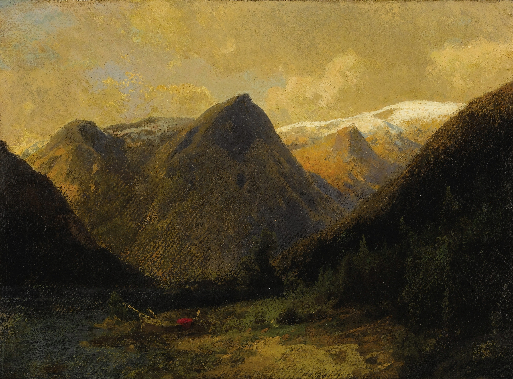 Canoe at water's edge, oil on canvas by Hermann Ottomar Herzog