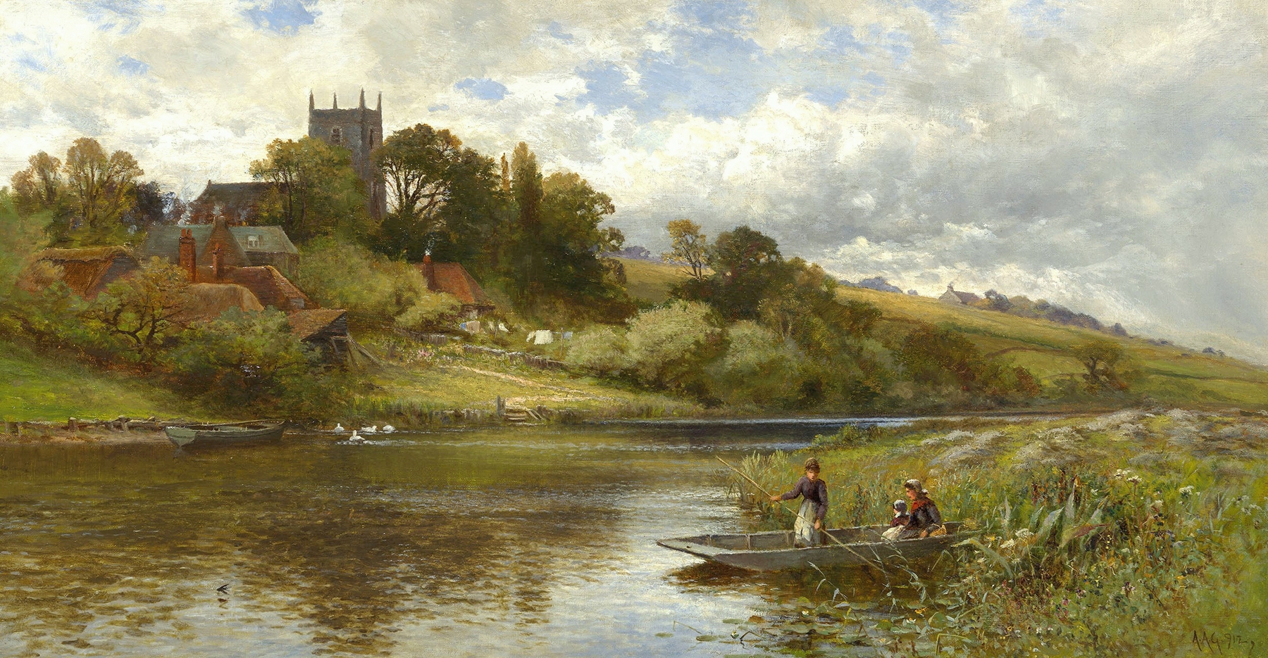 Oil painting by Alfred Augustus Glendening depicting the Bure River and reflections.