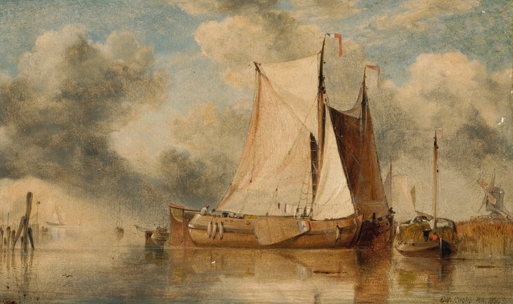 Dutch sailing boats on the Zuyder Zee with a distant windmill, by Edward William Cooke, public domain