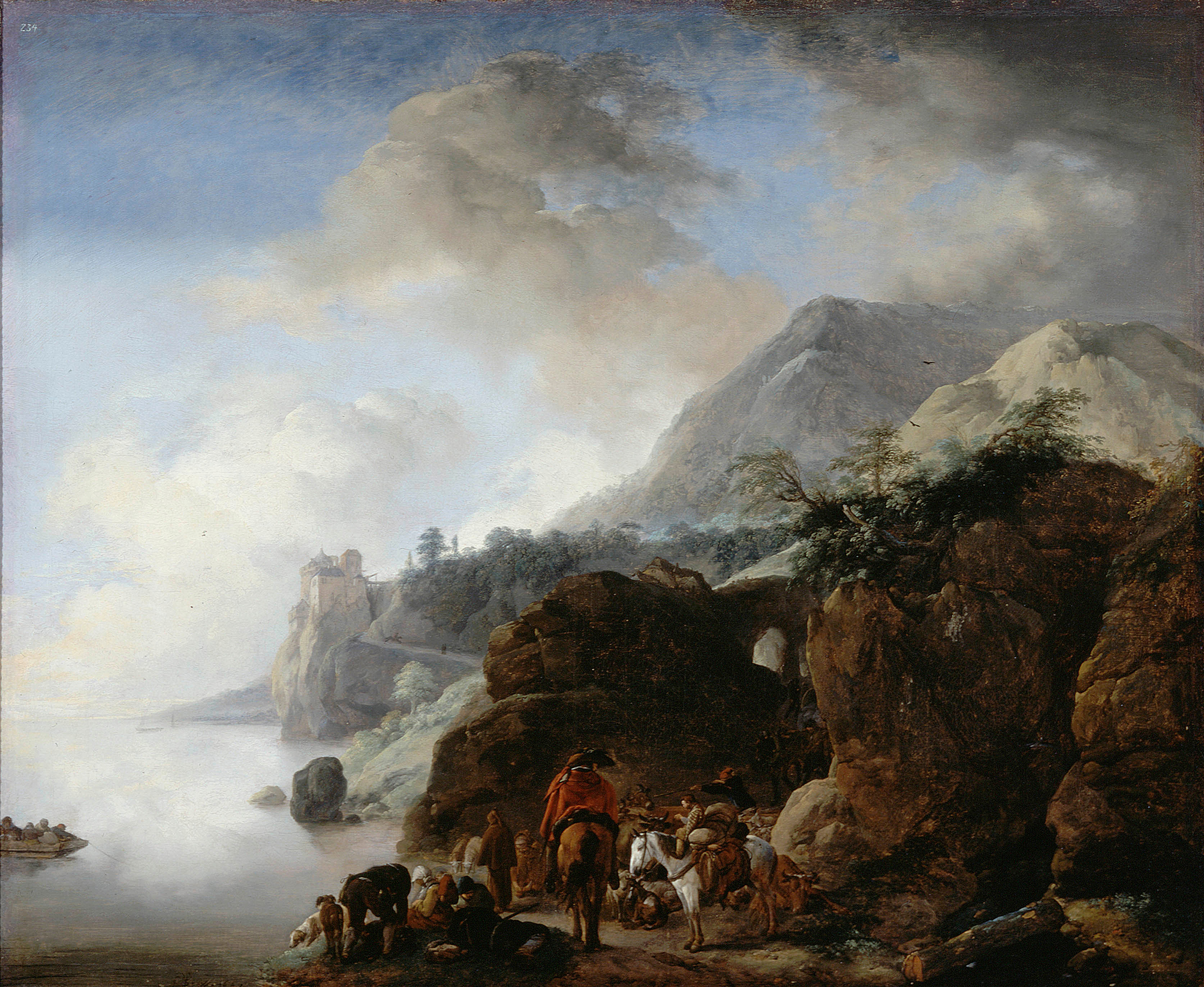 Travelers Awaiting a Ferry, oil on canvas by Philips Wouwerman, depicting figures waiting by a river.