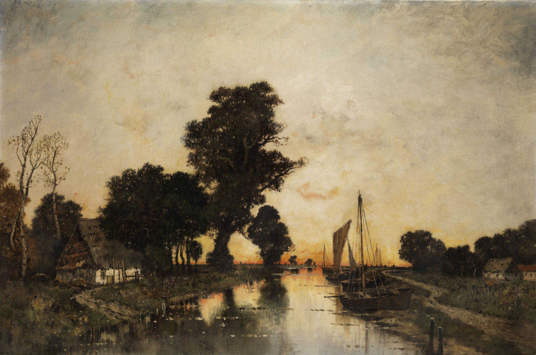 Moorlandschaft in Abendstimmung by Karl Heffner, oil on canvas depicting a moorland at sunset.