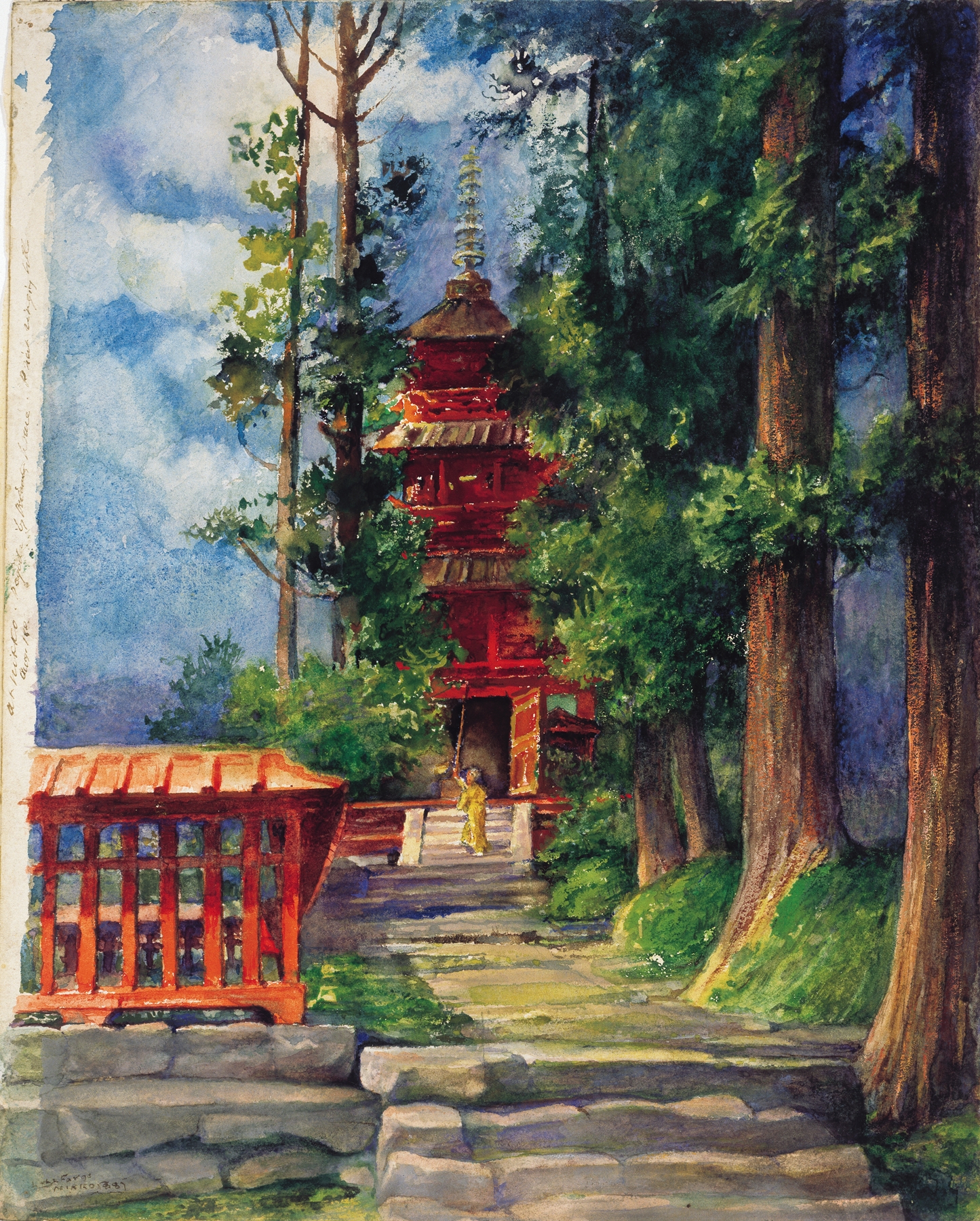 Red pagoda in Nikko, oil on canvas by John La Farge