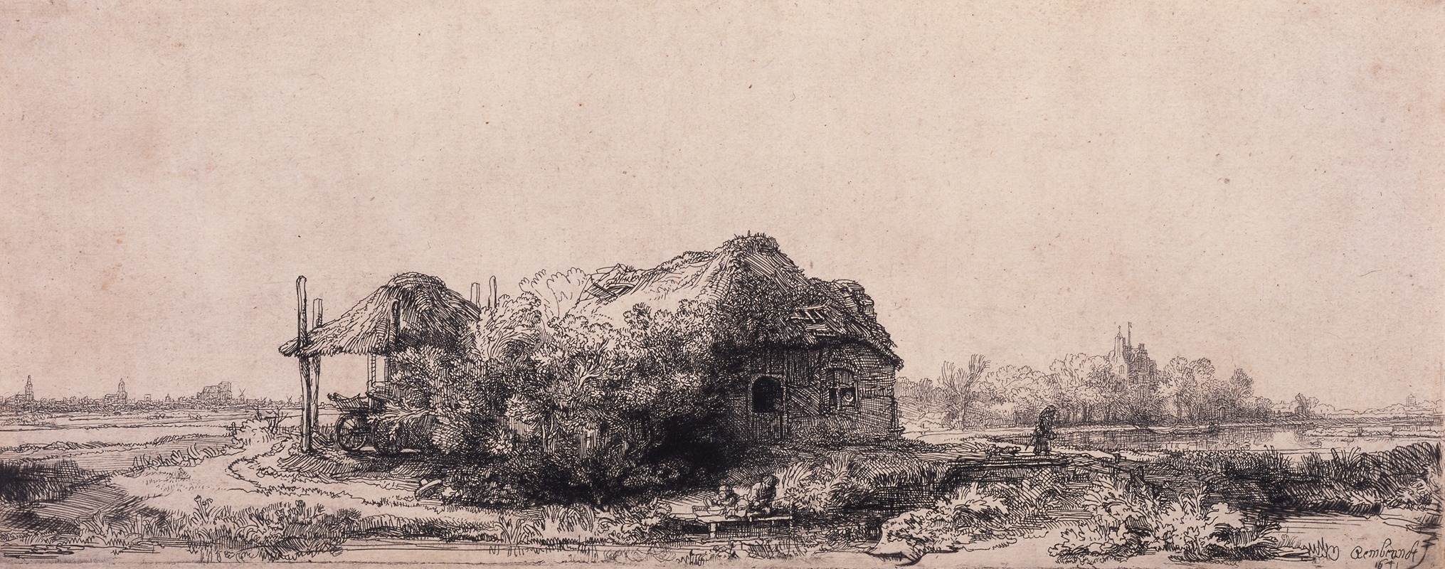 A serene landscape featuring a cottage and haybarn by Rembrandt.