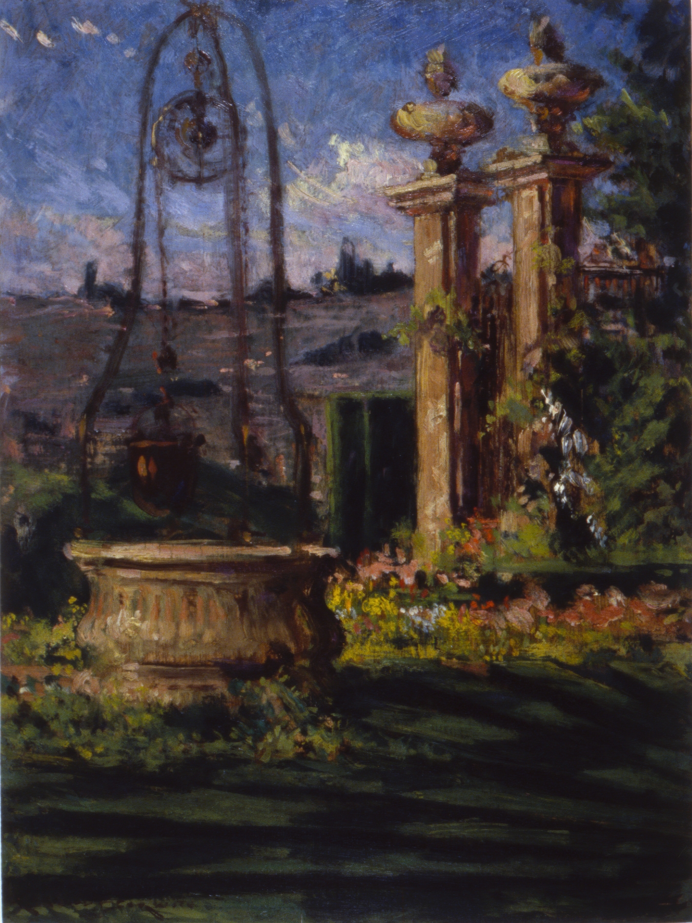 Genre scene depicting a couple in an Italian garden, oil painting by James Carroll Beckwith
