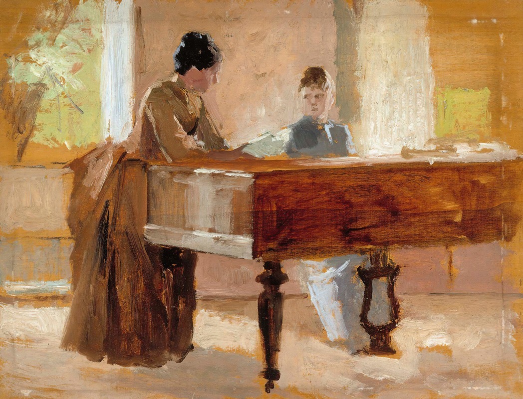 A study of an interior scene featuring figures in a drawing room.