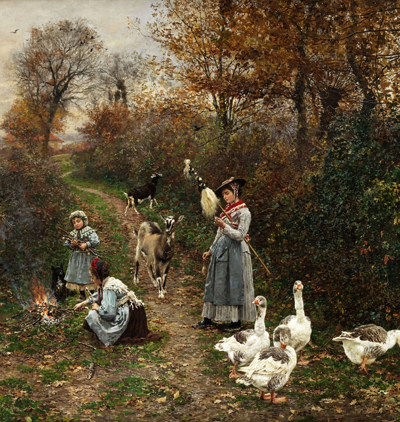 A young shepherdess ignites a fire at the forest's edge, capturing a moment of rural life.