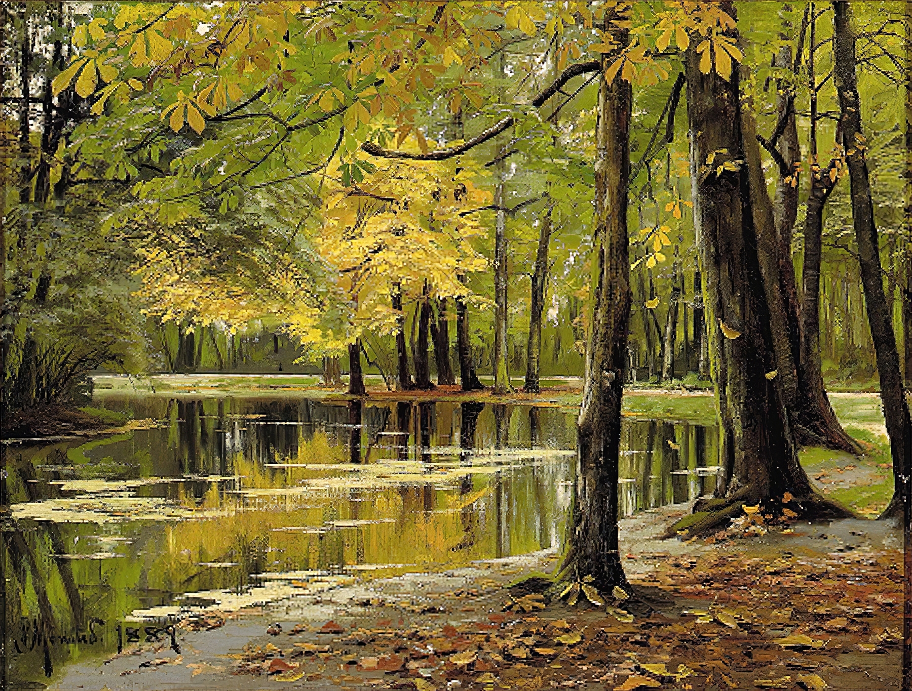 Autumn landscape with trees and lake by Peder Mørk Mønsted, oil painting