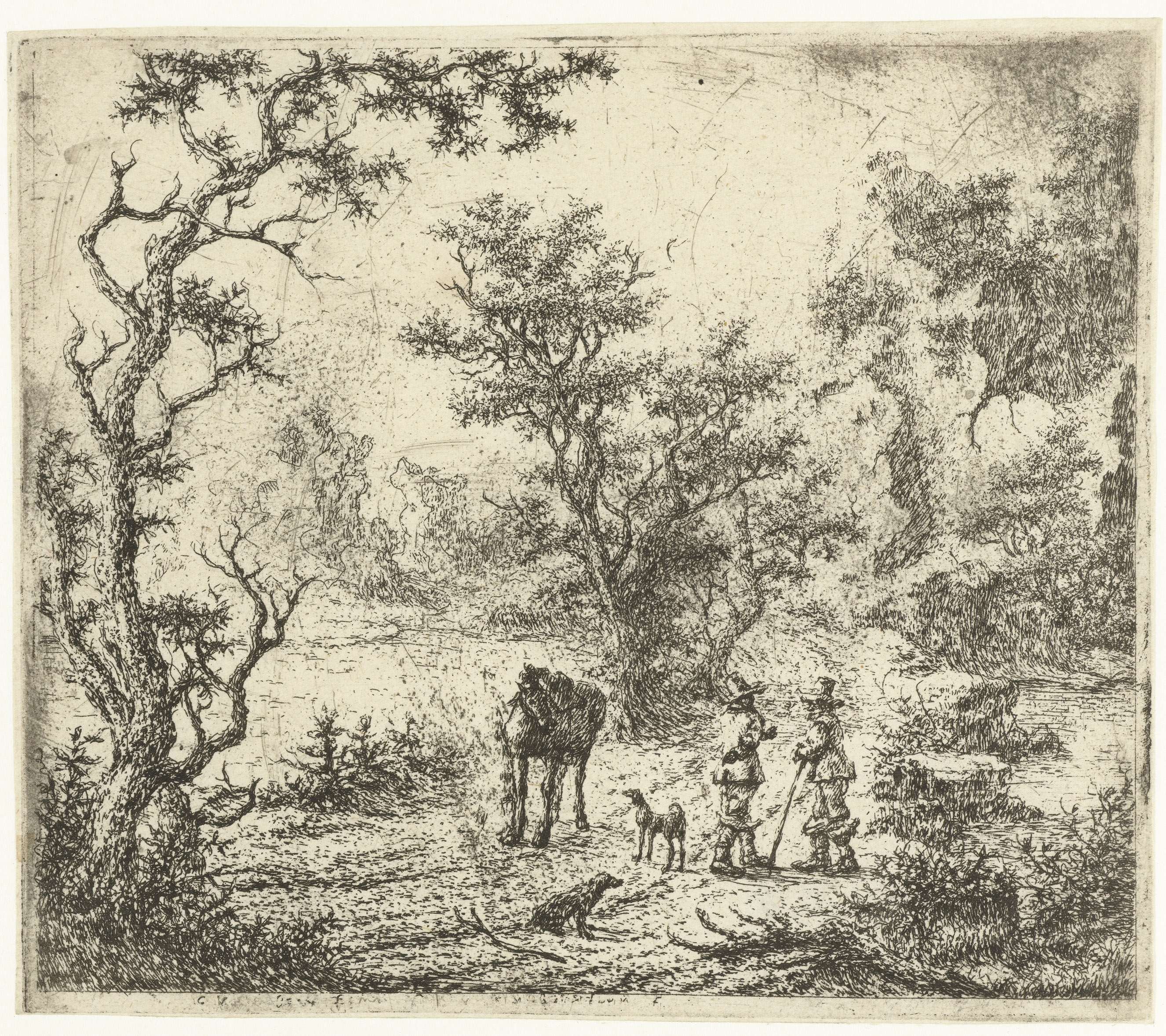 Landschap met twee mannen, een paard en twee honden, etching by Claes van Beresteyn