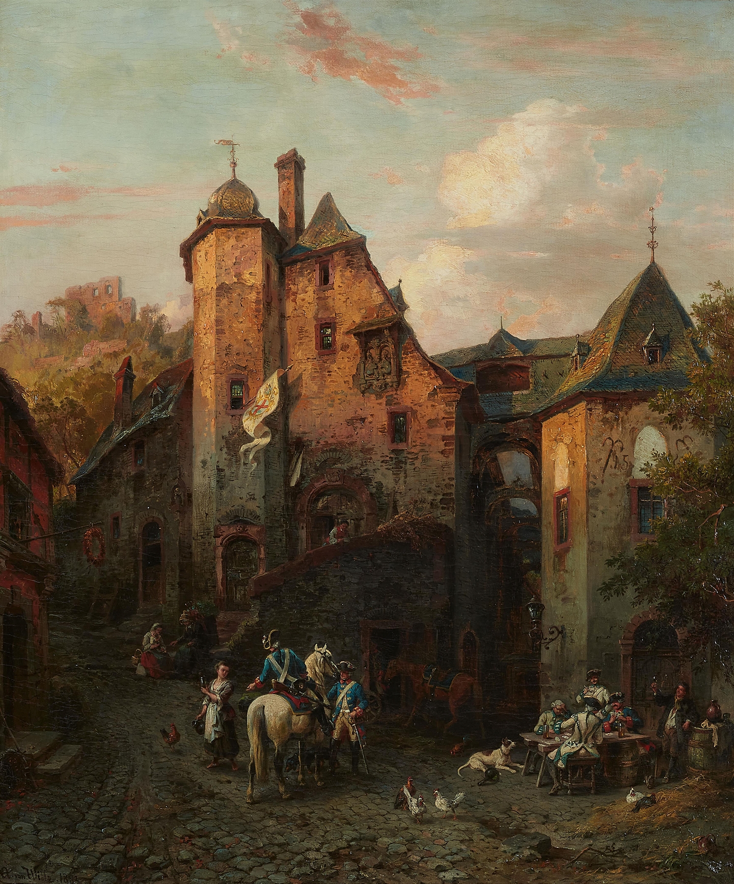 Genre scene depicting soldiers by a riverbank, oil painting by August von Wille
