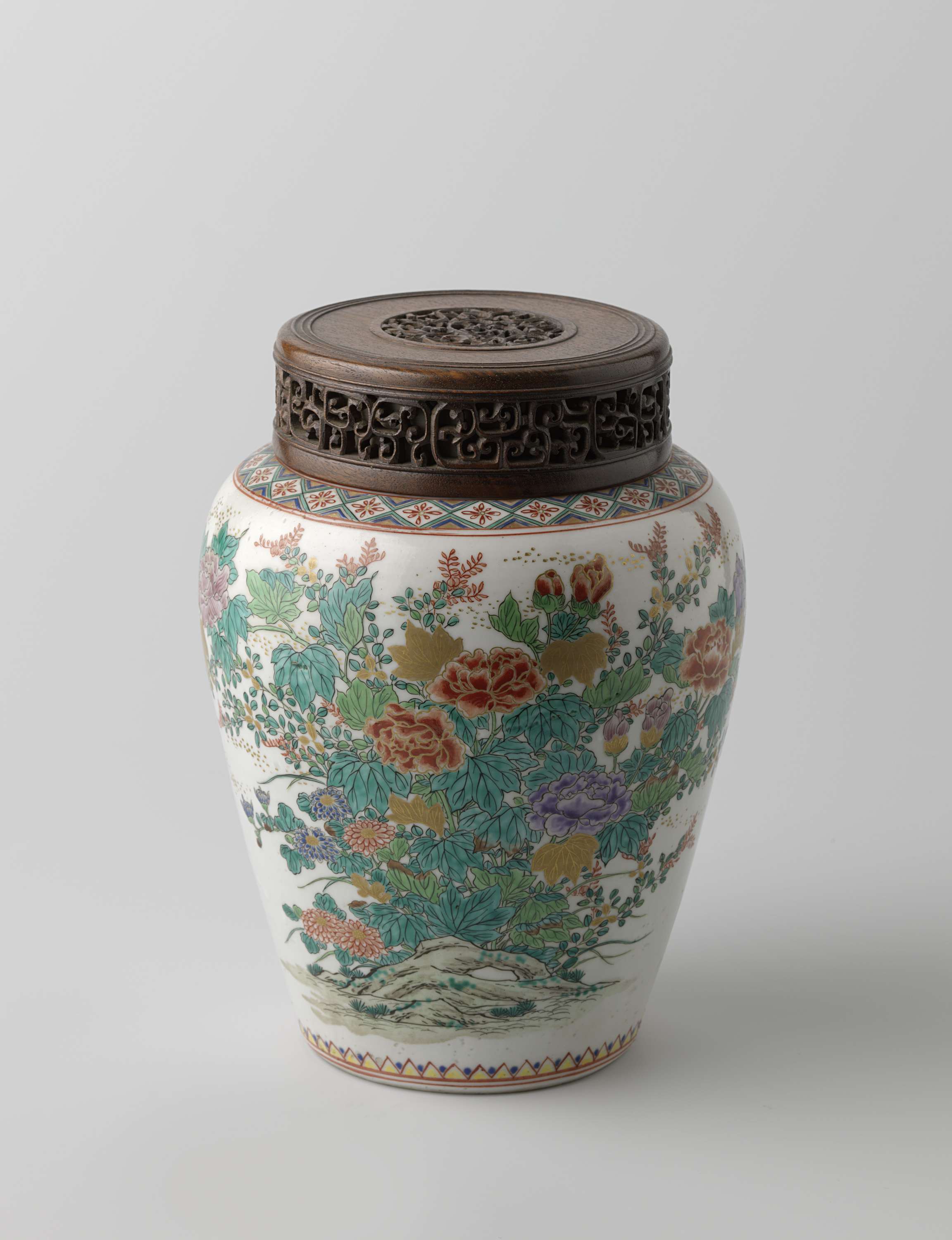 Jar with wooden cover and flowers, unknown medium by Unknown Artist