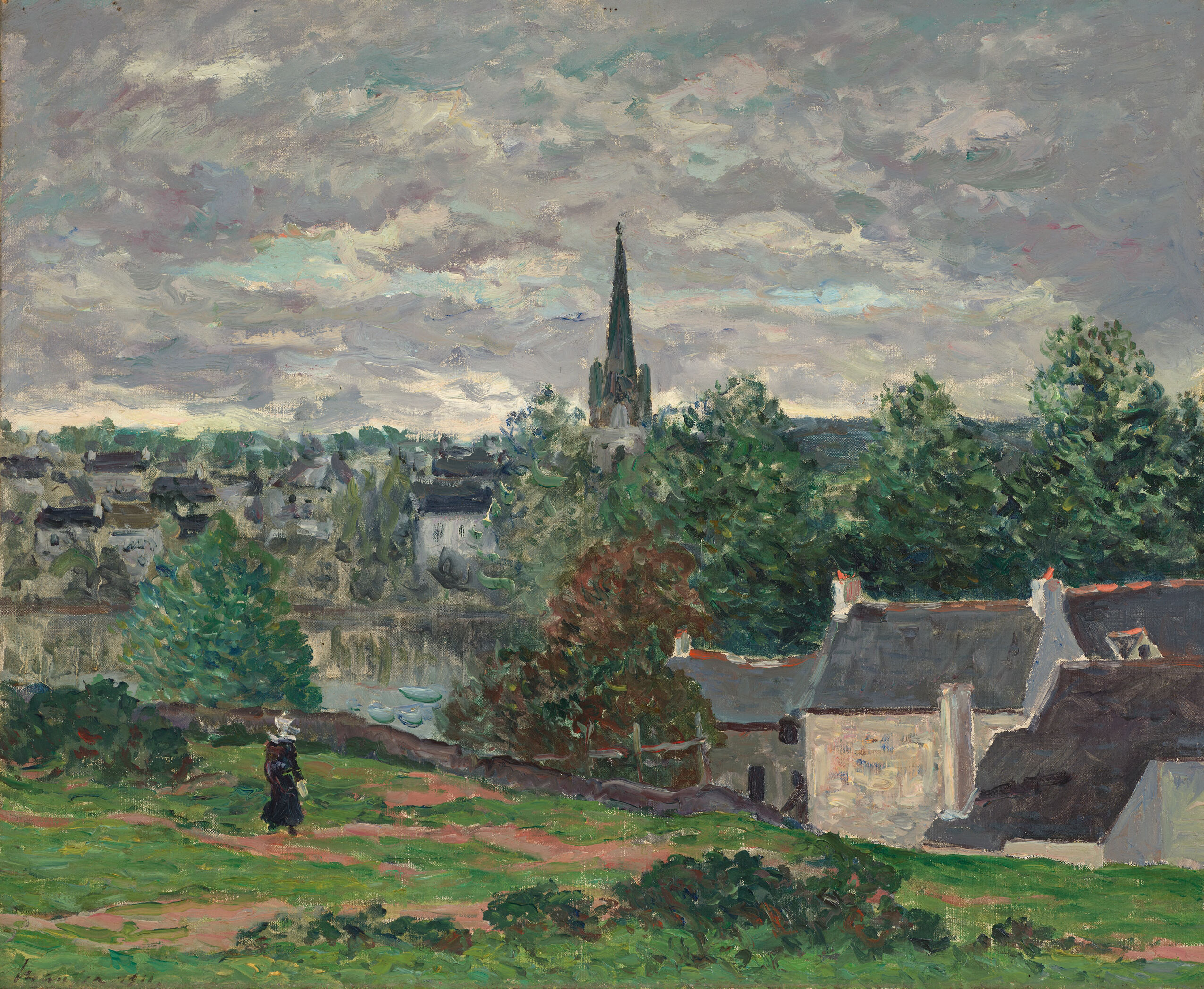 The Village of Rosporden, oil on canvas by Maxime-Emile-Louis Maufra, depicting a rural landscape with fields and clouds.