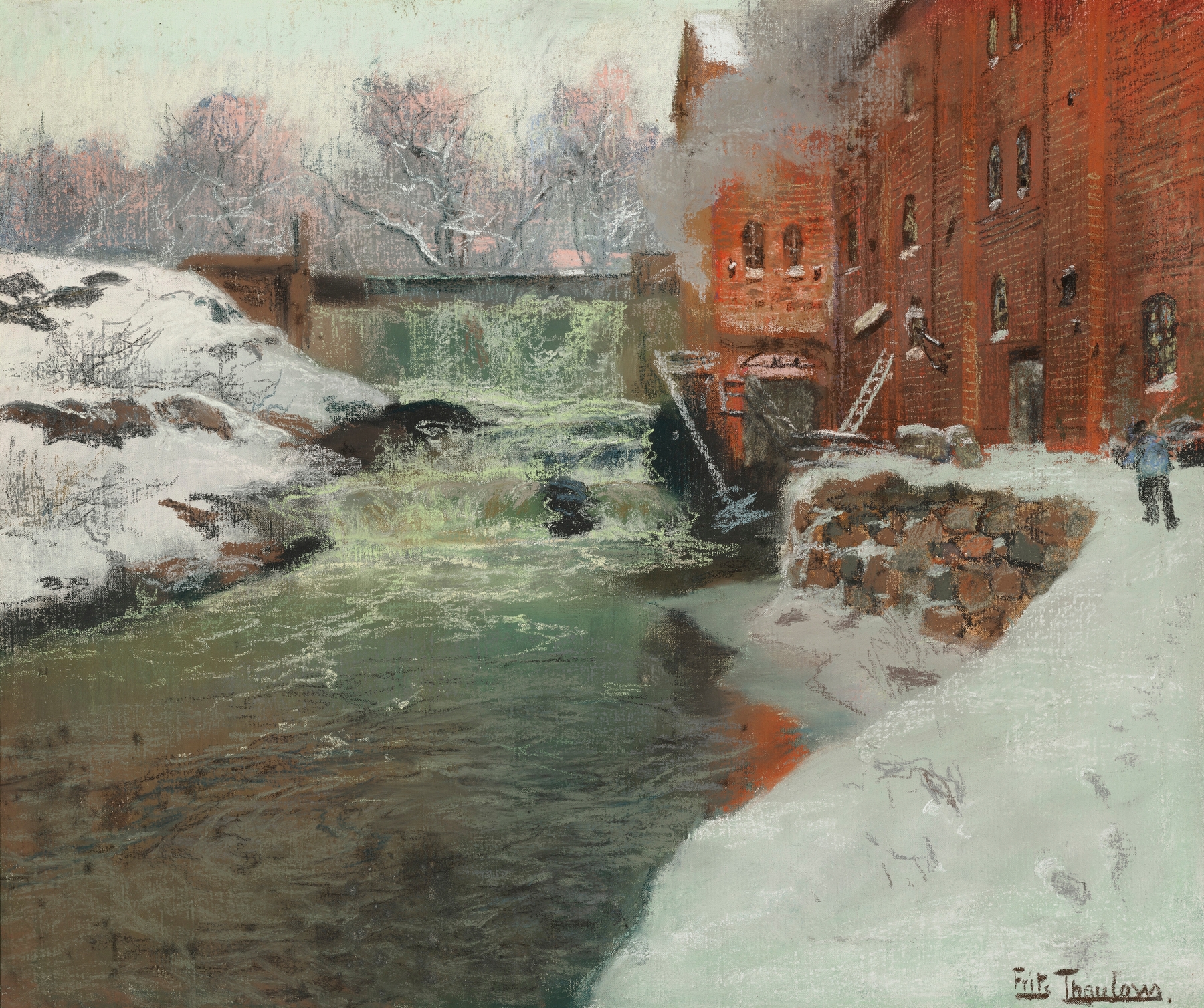 Effet de neige by Frits Thaulow, oil painting of a serene winter landscape with soft snow.