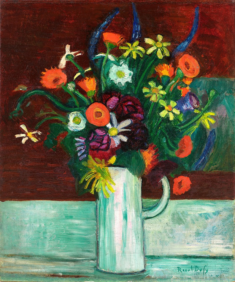 A vibrant still life painting by Raoul Dufy featuring a bouquet of flowers in a vase.