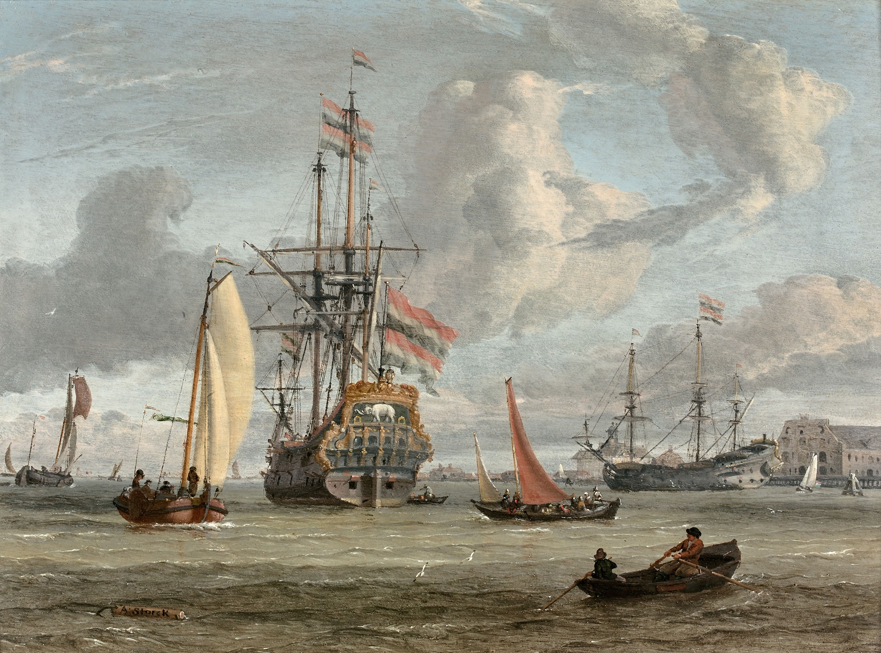 Grand navire de la couronne du Danemark près d’un littoral, by Abraham Storck, public domain