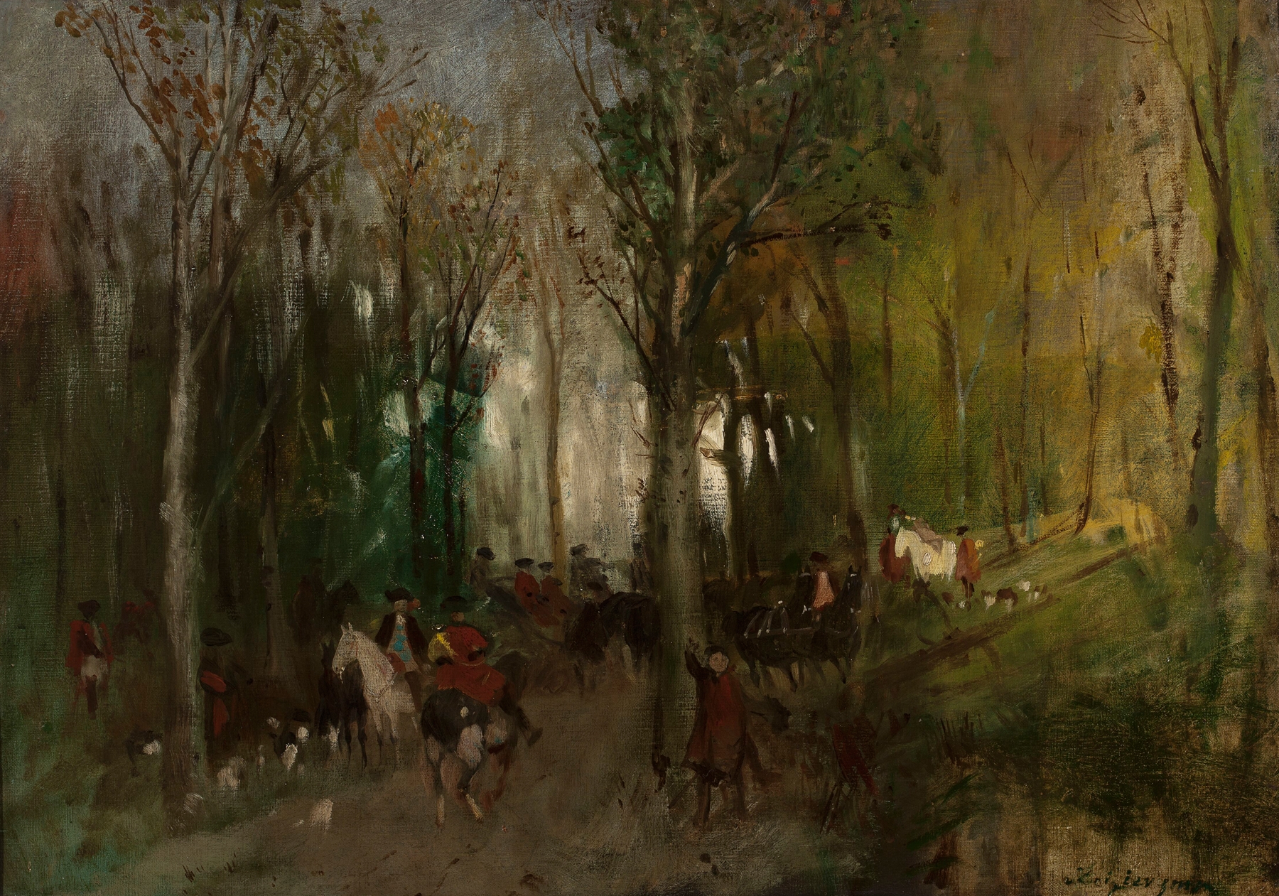 Departure for the Hunt sketch by Maksymilian Gierymski, depicting hunters in an autumn landscape