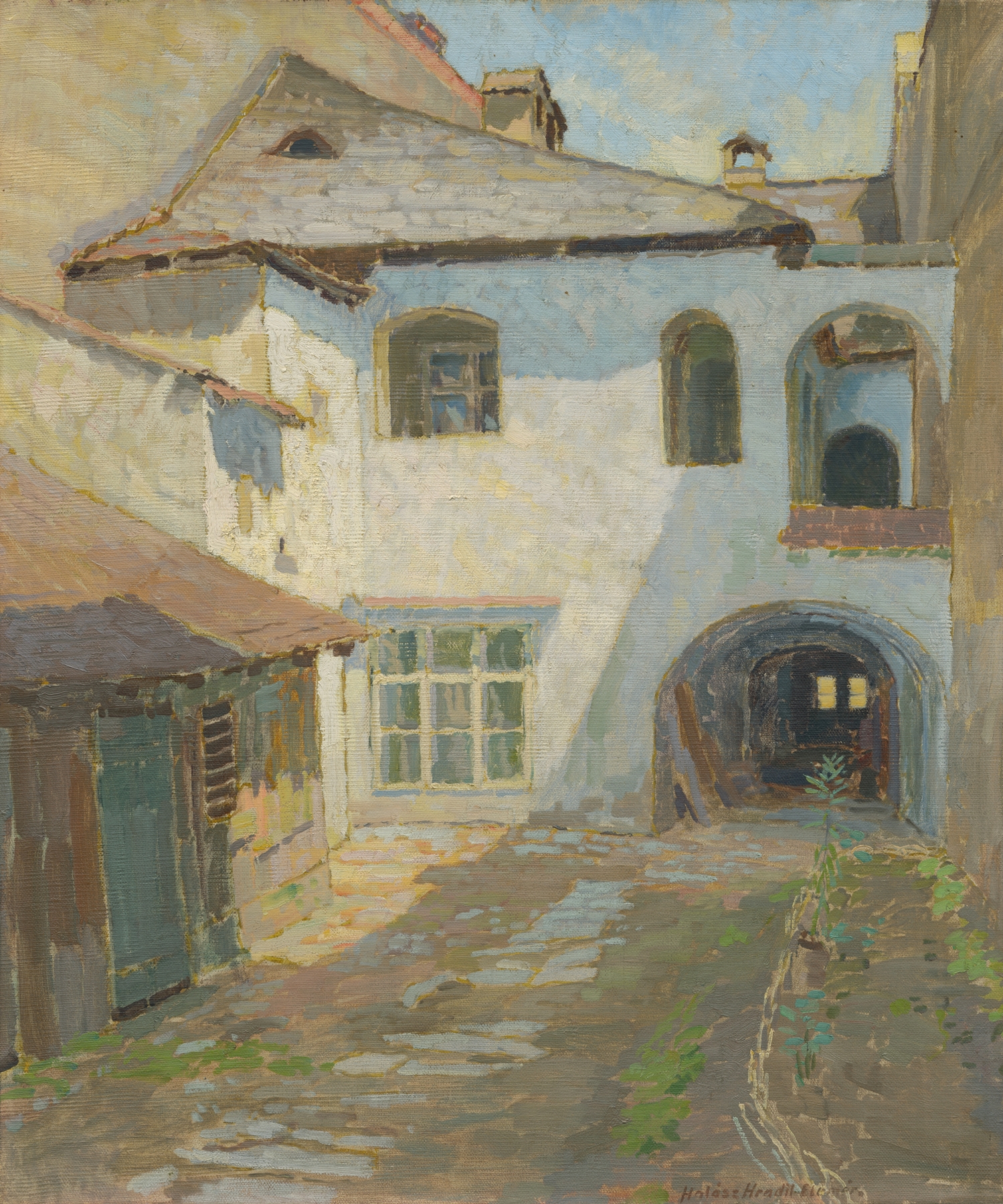 Inside the Yard, oil on canvas by Elemír Halász-Hradil, featuring a wooden bench in a tranquil garden.