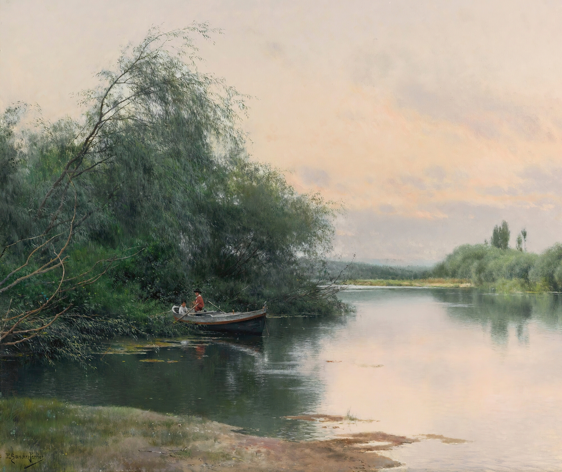 A quiet afternoon on the river, oil on canvas by Emilio Sánchez-Perrier