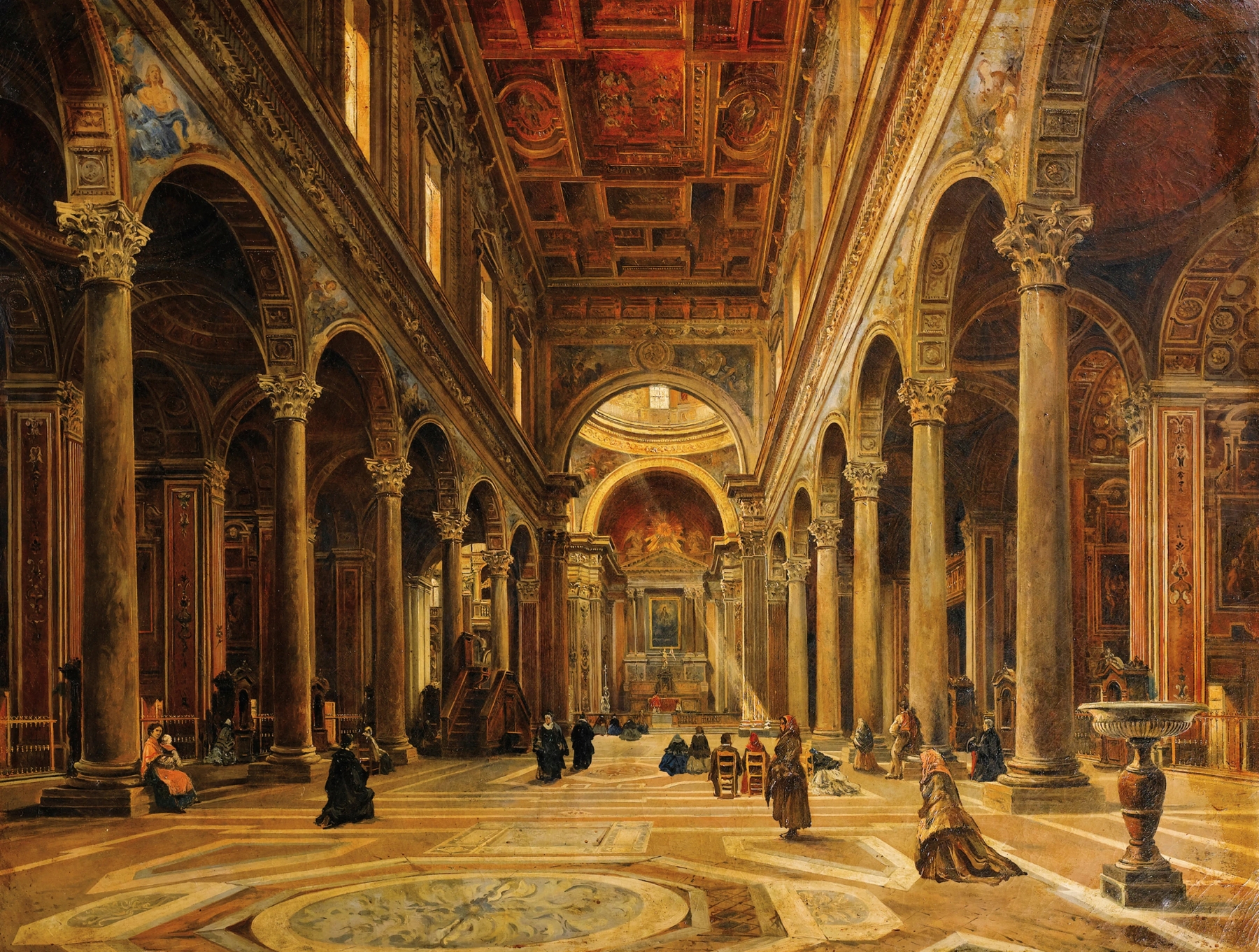 Gothic interior with stained glass windows, oil painting by Giovanni Lanza