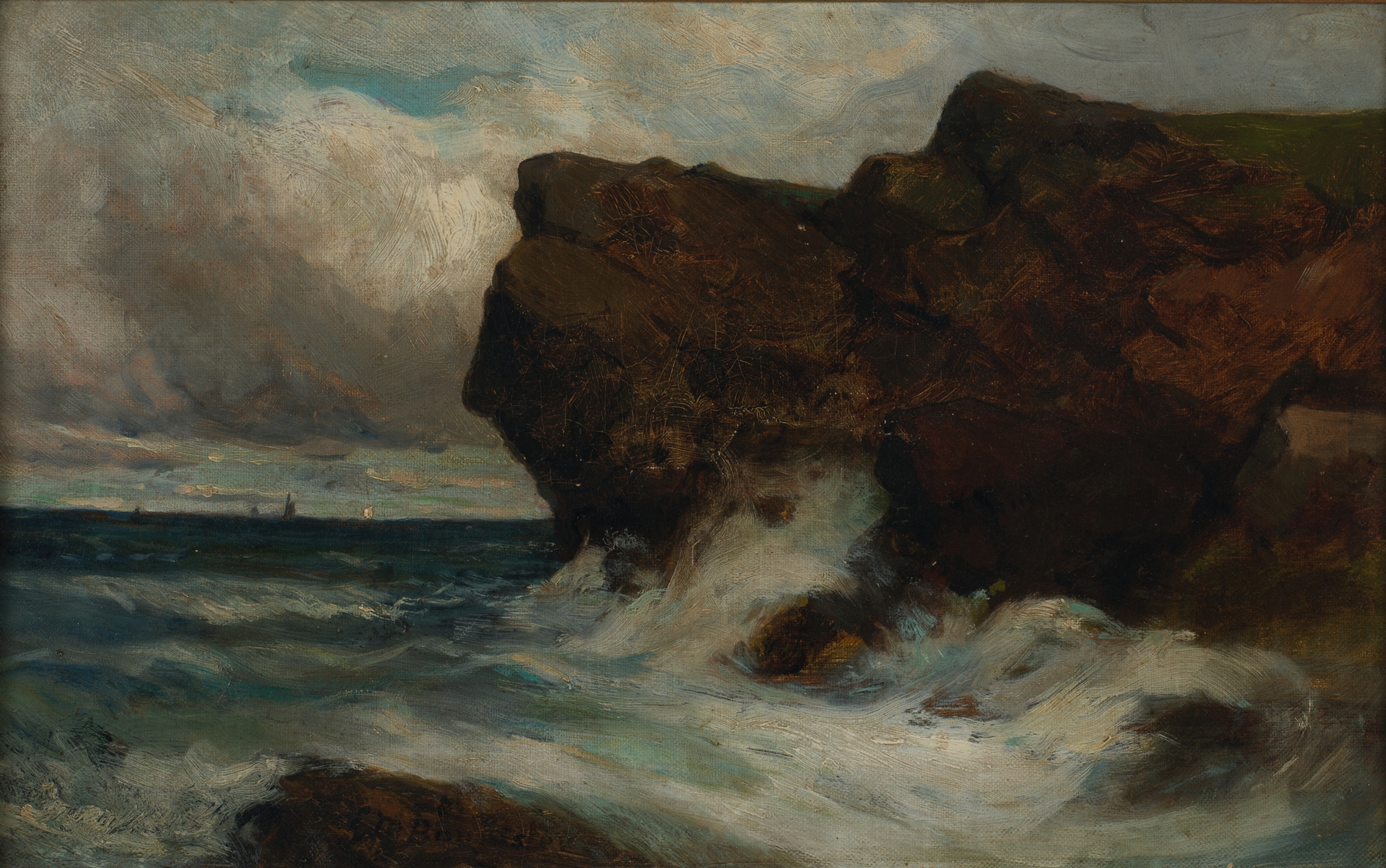 Ocean Cliffs by Edward Mitchell Bannister, oil painting depicting dramatic cliffs and ocean waves.