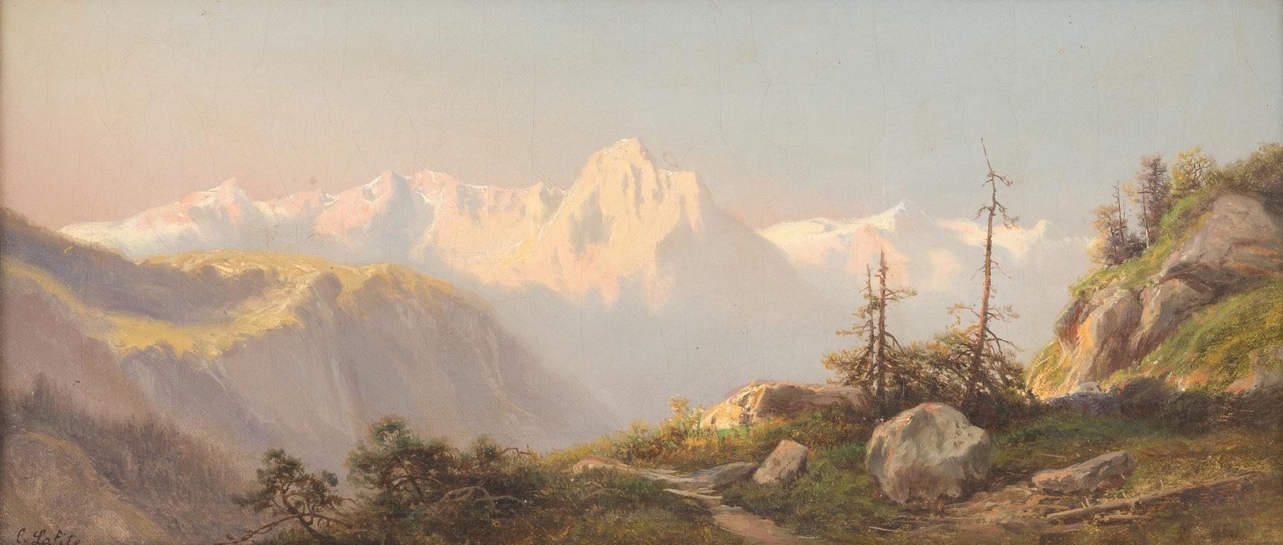 Sunset in the mountains by Carl Lafite, oil on canvas, depicting mountains silhouetted against a twilight sky.