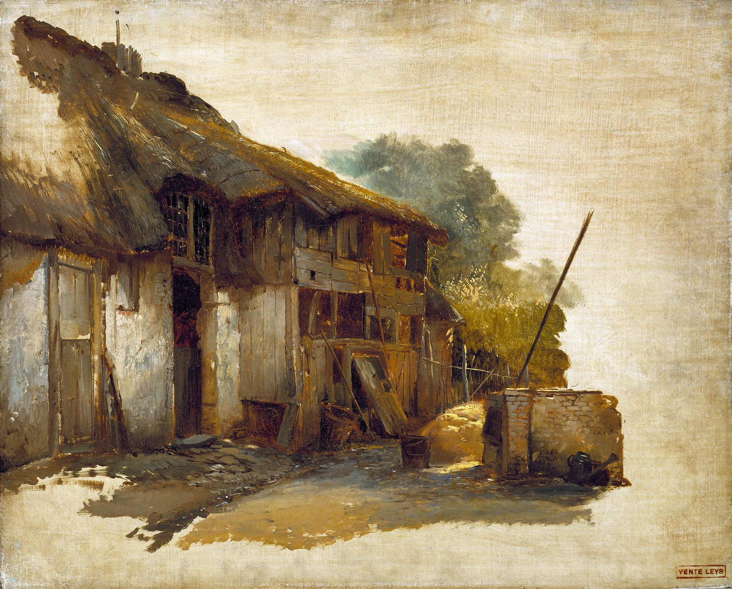 Farmhouse by Jan August Hendrik Leys, realism, depicting a sturdy farmhouse in a rural landscape.
