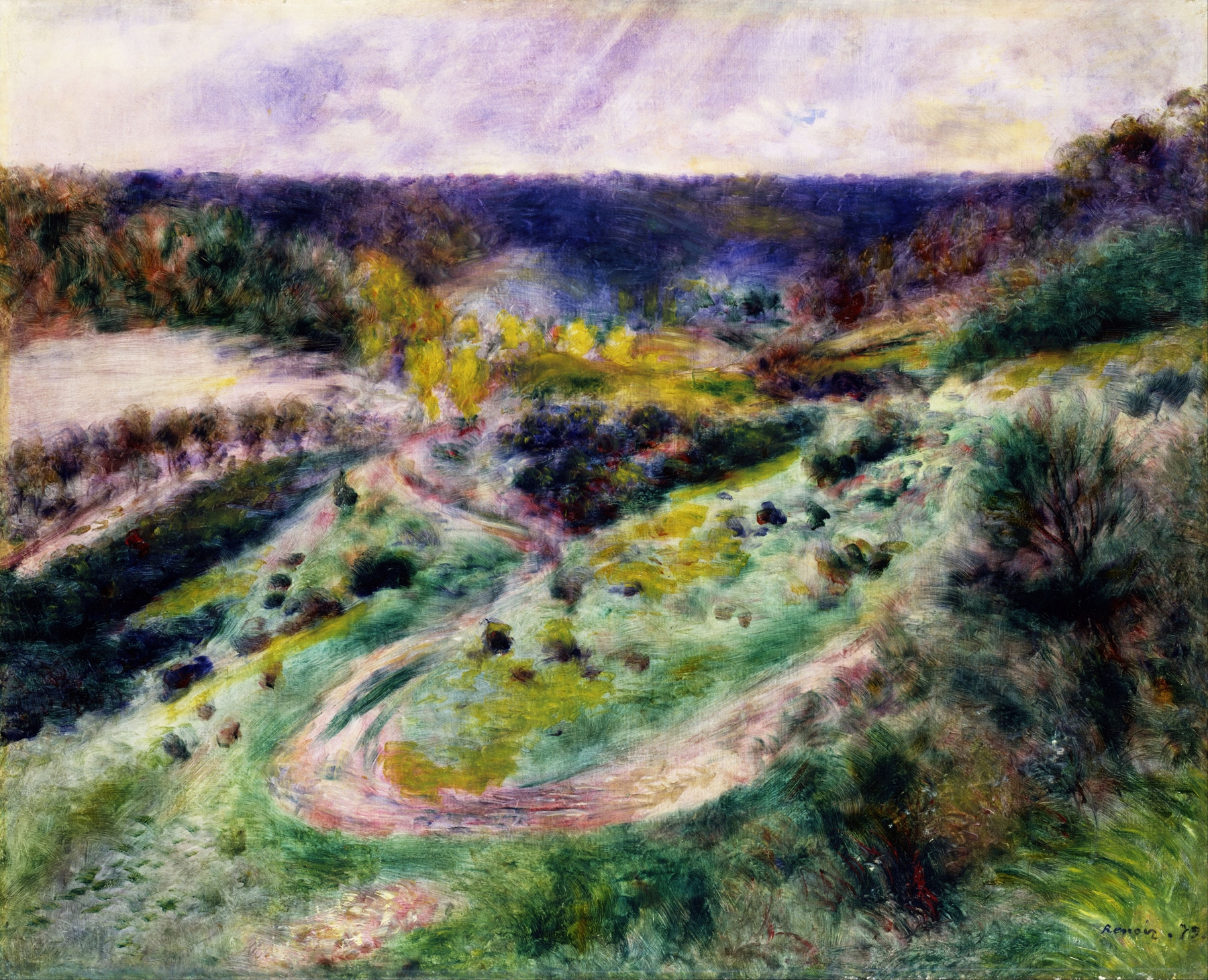 Landscape oil painting by Pierre-Auguste Renoir featuring a road and vibrant foliage.