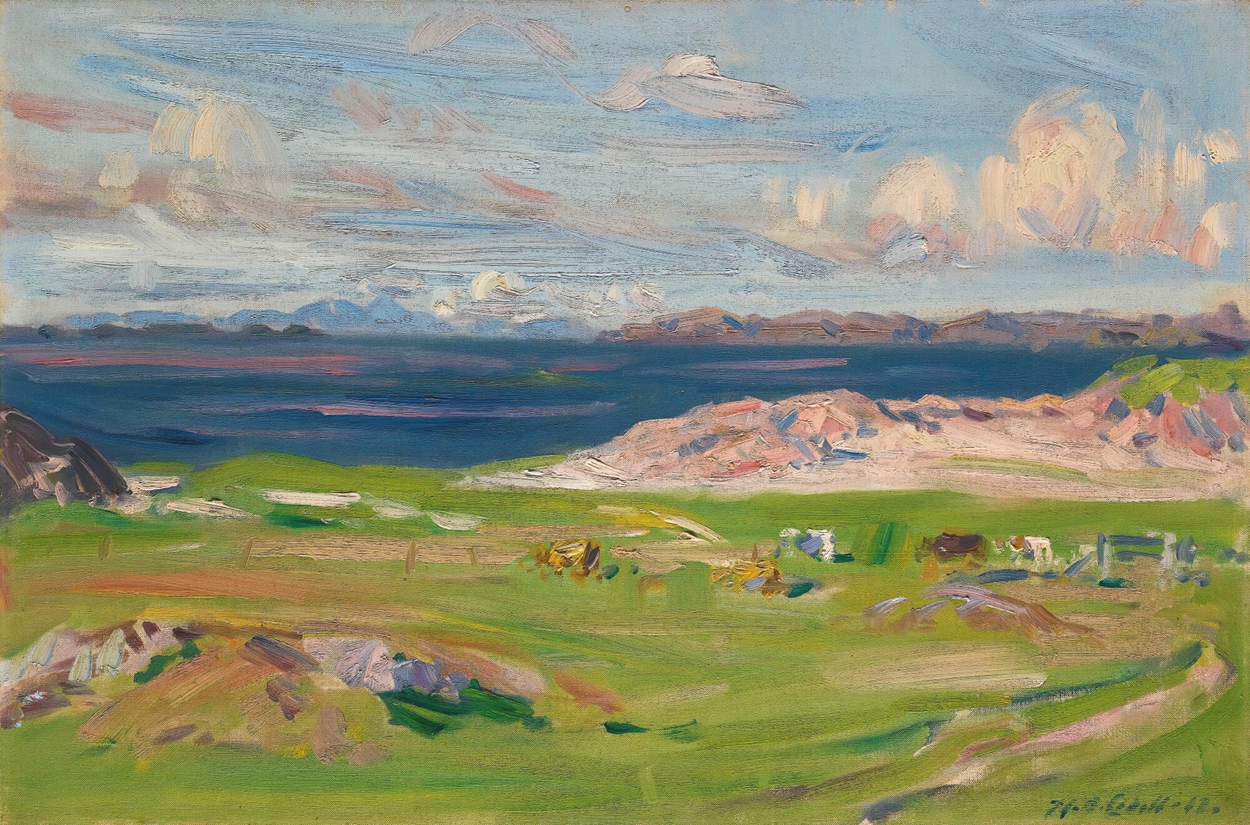 Island Of Rum From Iona by Francis Campbell Boileau Cadell, oil painting of a tranquil landscape.