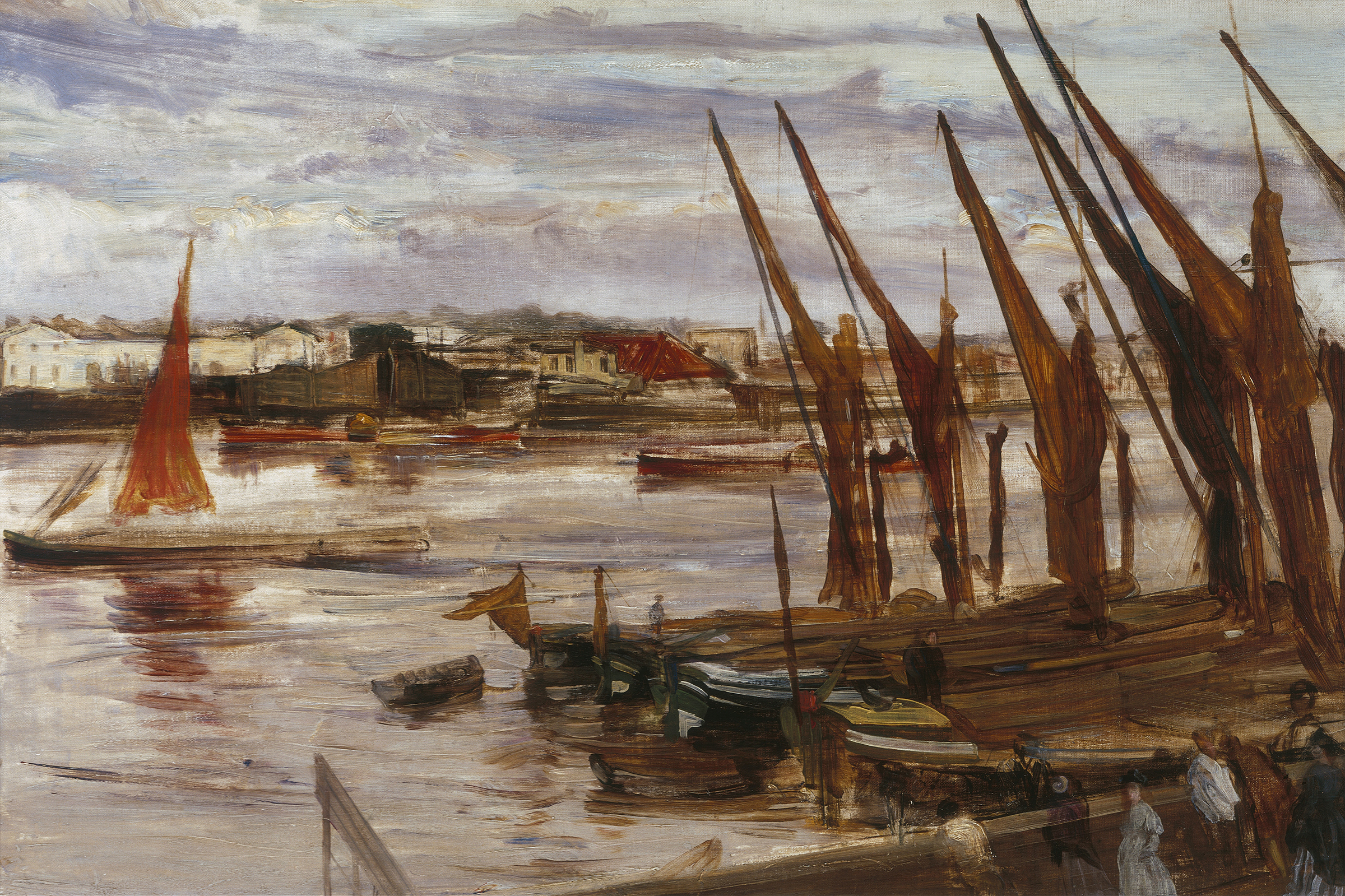 Battersea Reach by James Abbott McNeill Whistler, oil on canvas depicting a river and bridge at dawn.