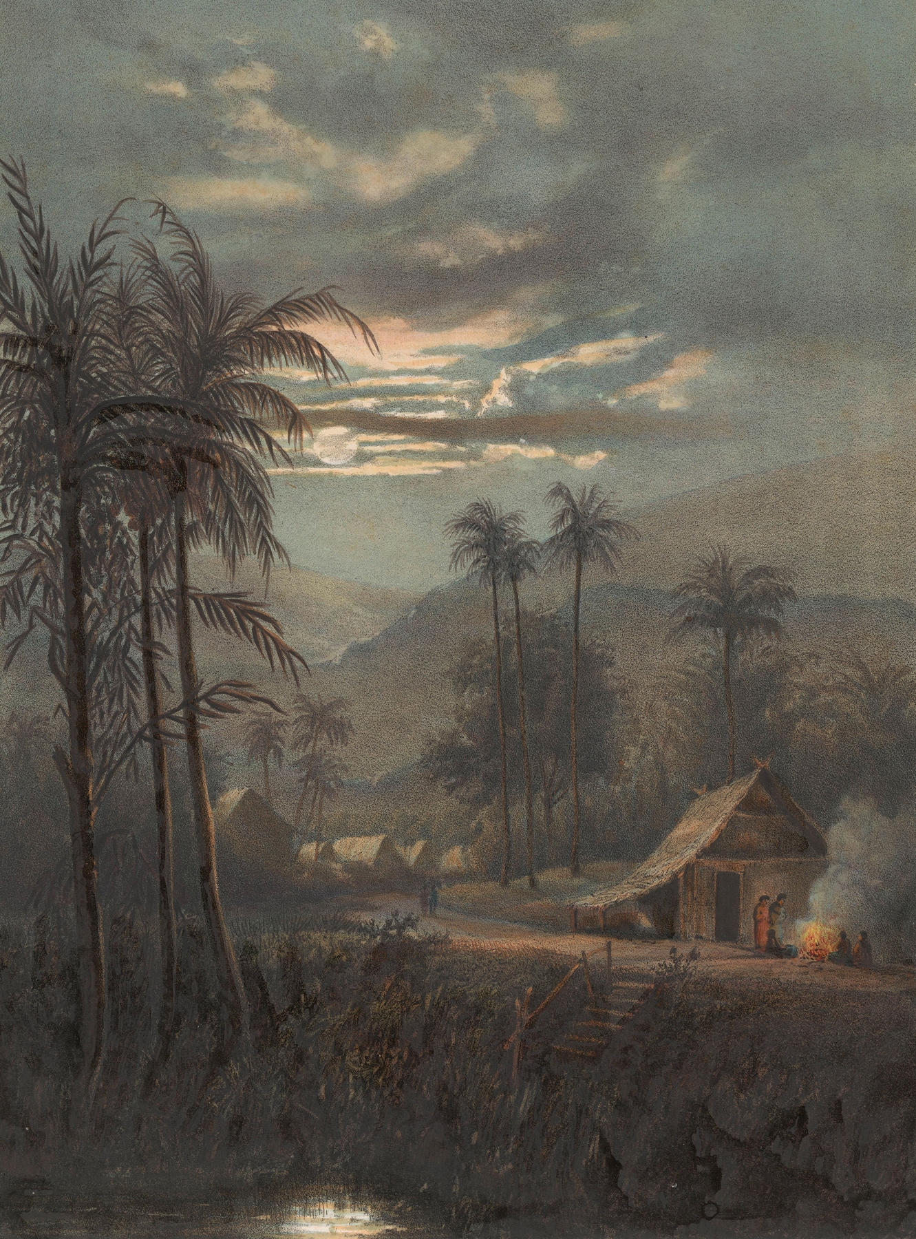 Landschap bij maanlicht in de omgeving van Sumedang, by Johan Conrad Greive, public domain