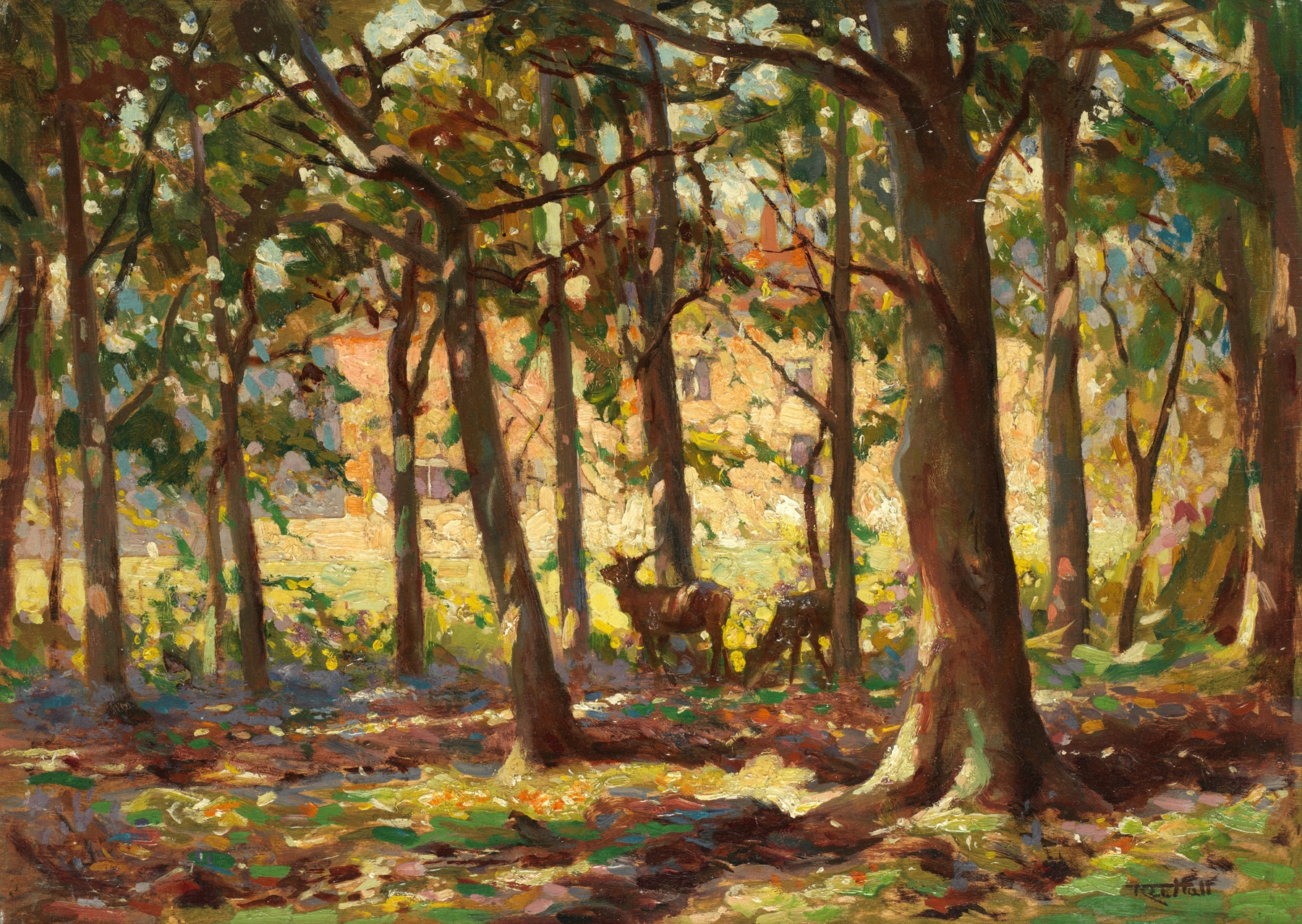 Deer in sunlight copse by Frederick Hall, depicting a deer in a forest with soft sunlight filtering through trees.