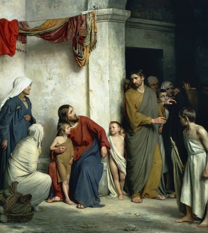 Carl Bloch's painting depicts Christ surrounded by children, showcasing warmth and compassion.