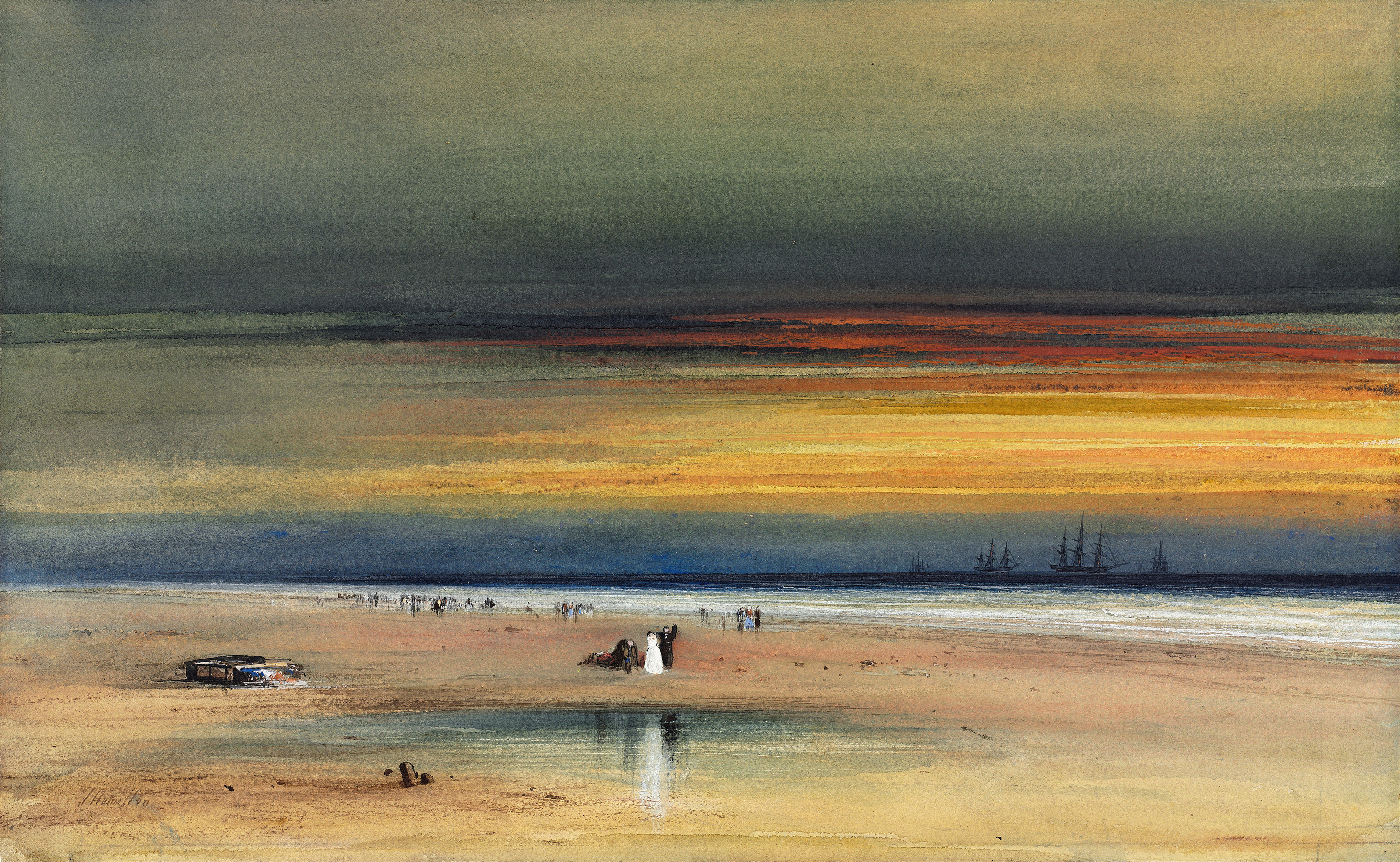 Beach Scene at Sunset by James Hamilton, oil on canvas, depicting a sunset over the ocean.