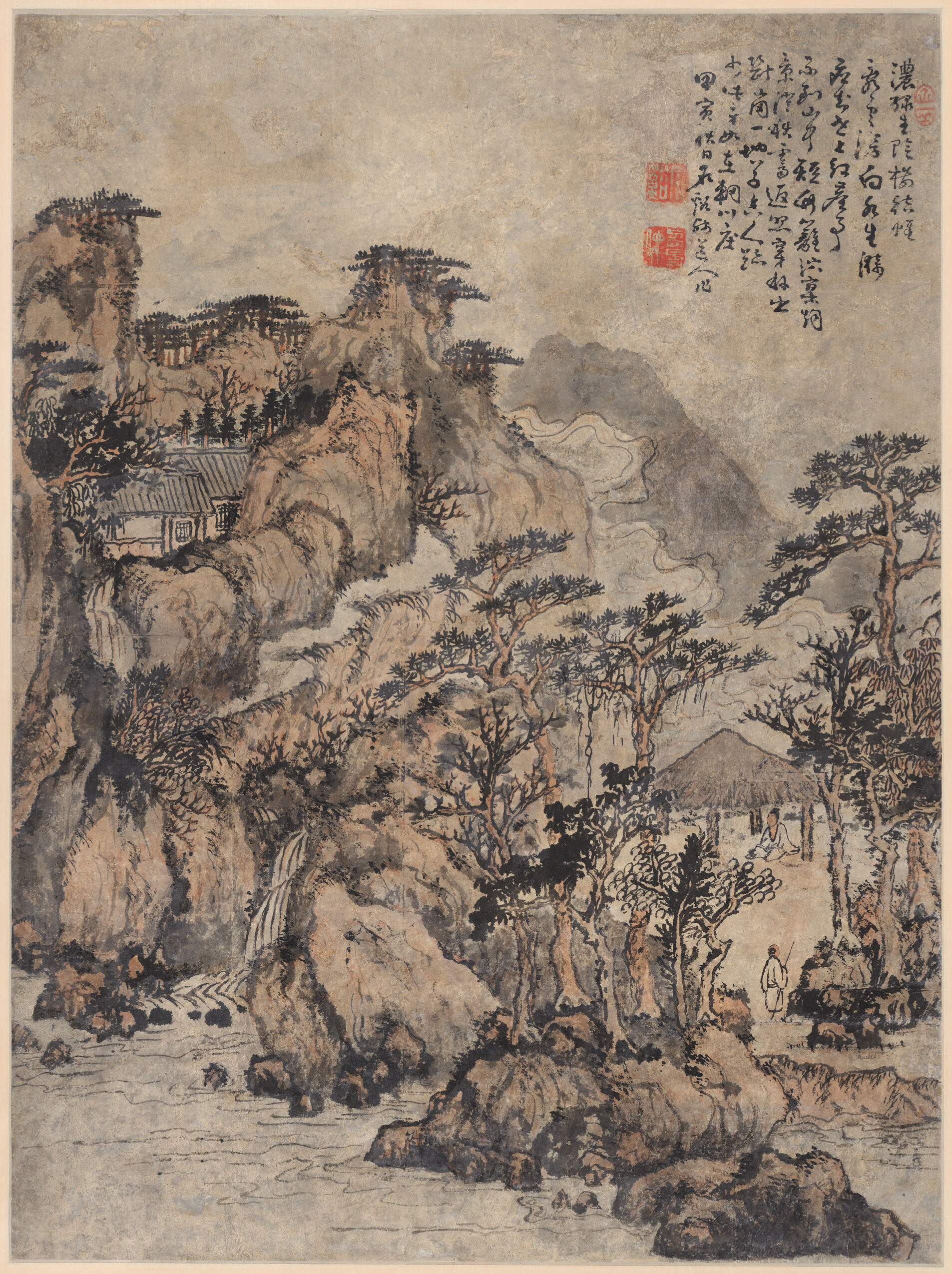 Mountain Retreat and Waterfall, by Kuncan 髡殘, public domain