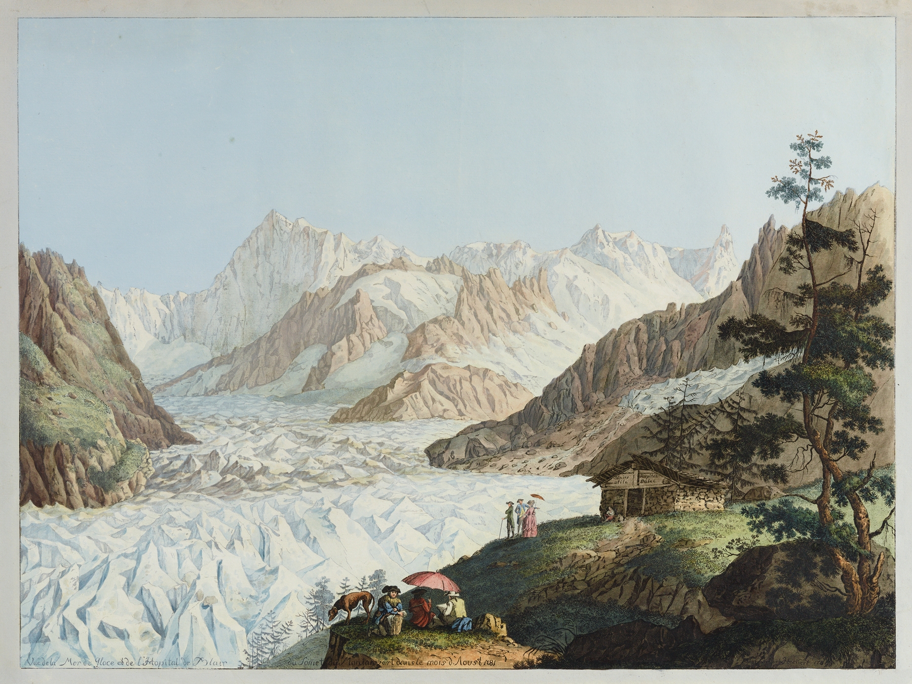Vuë de la Mer de Glace et de l’Hopital de Blair du Sommet du Montanvert dans le mois d’Aoust 1781, by Carl Ludwig Hackert, public domain