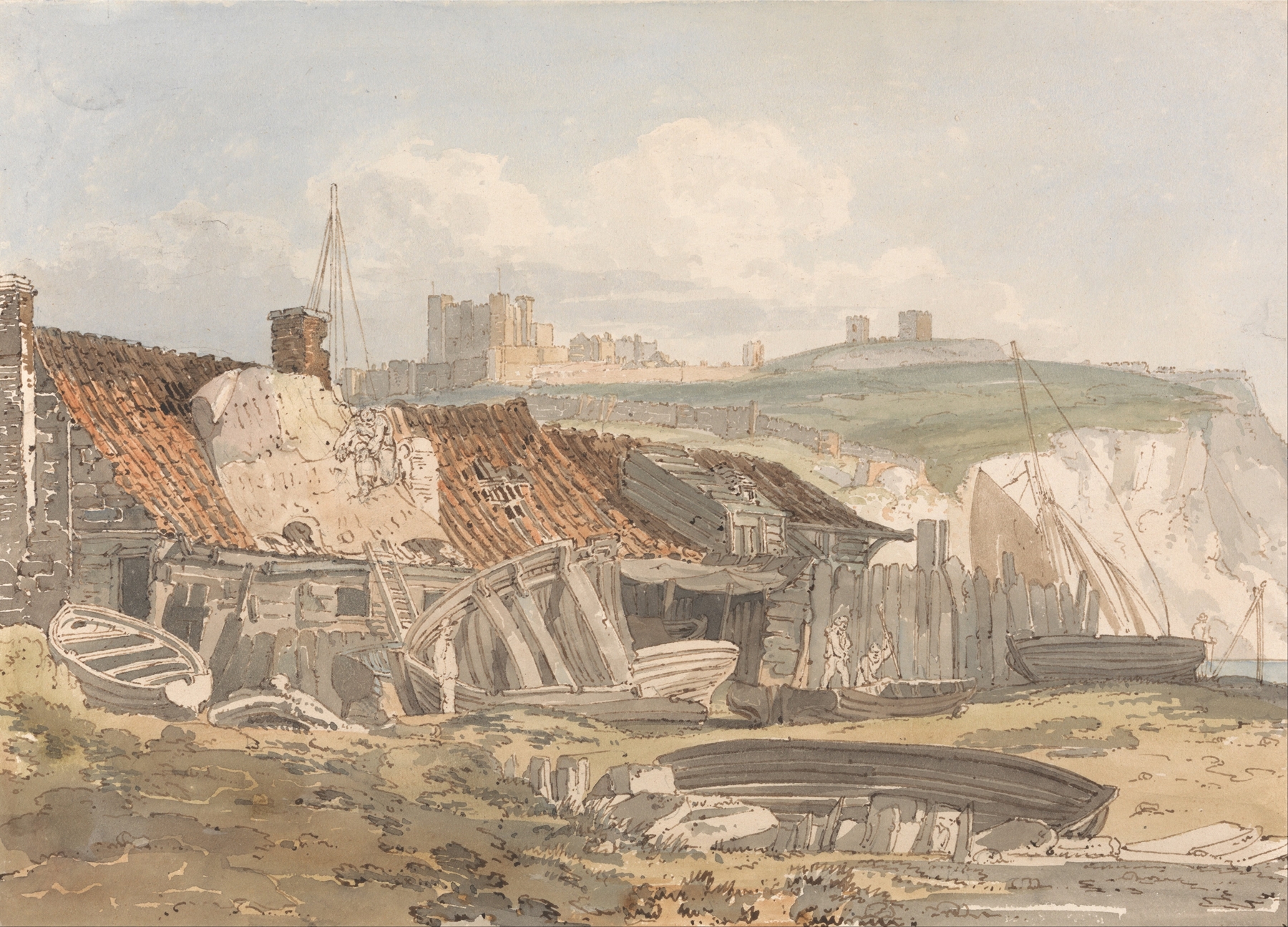 Watercolour landscape of Dover by Thomas Girtin, featuring hills, water, and clouds.
