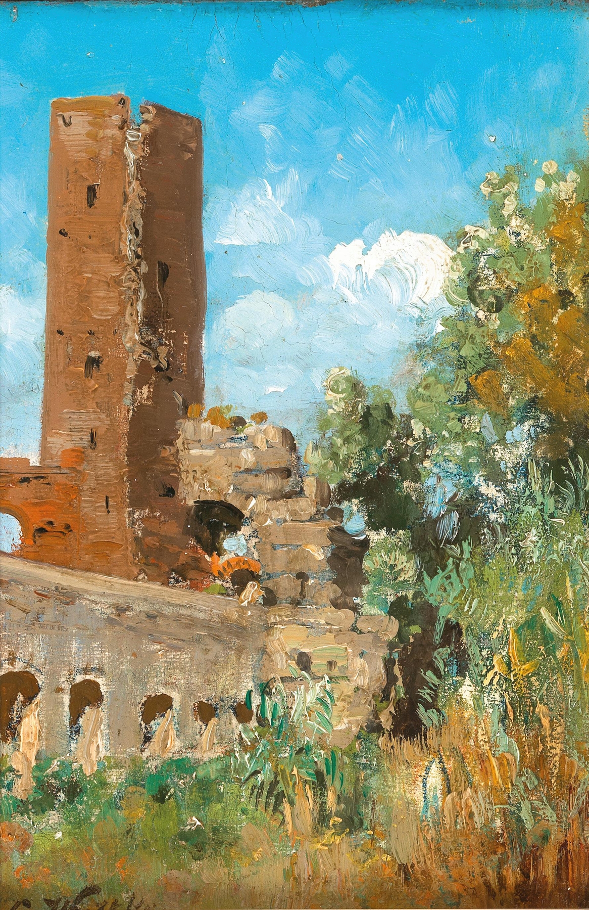 Alter Wachturm in der röm. Campagna by Carl Wuttke, depicting a weathered watchtower in golden light.