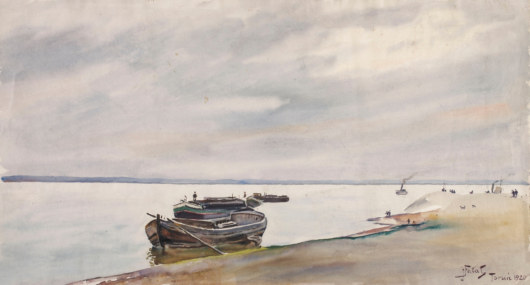 Boats and steamship on the Vistula near Toruń, oil on canvas by Julian Falat