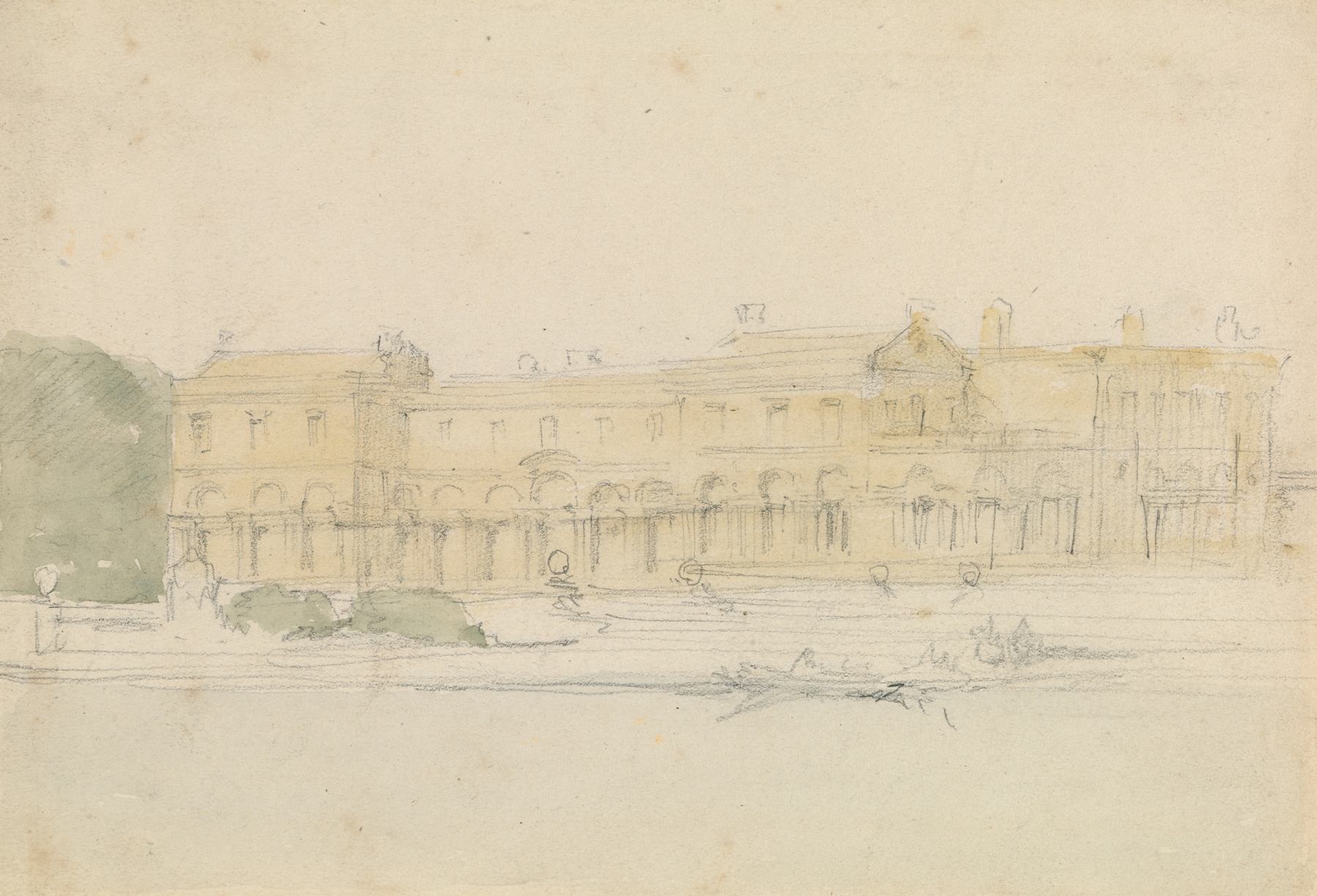 Palace on a River by David Roberts, oil on canvas depicting a palace above a river.
