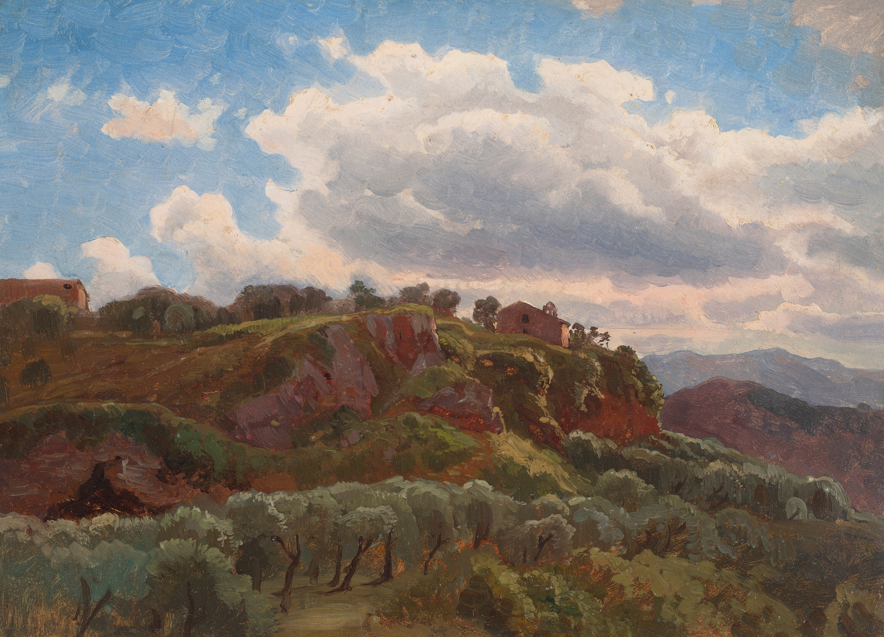 Italian Hills by William Stanley Haseltine, oil on canvas, depicting rolling hills and a vibrant blue sky.