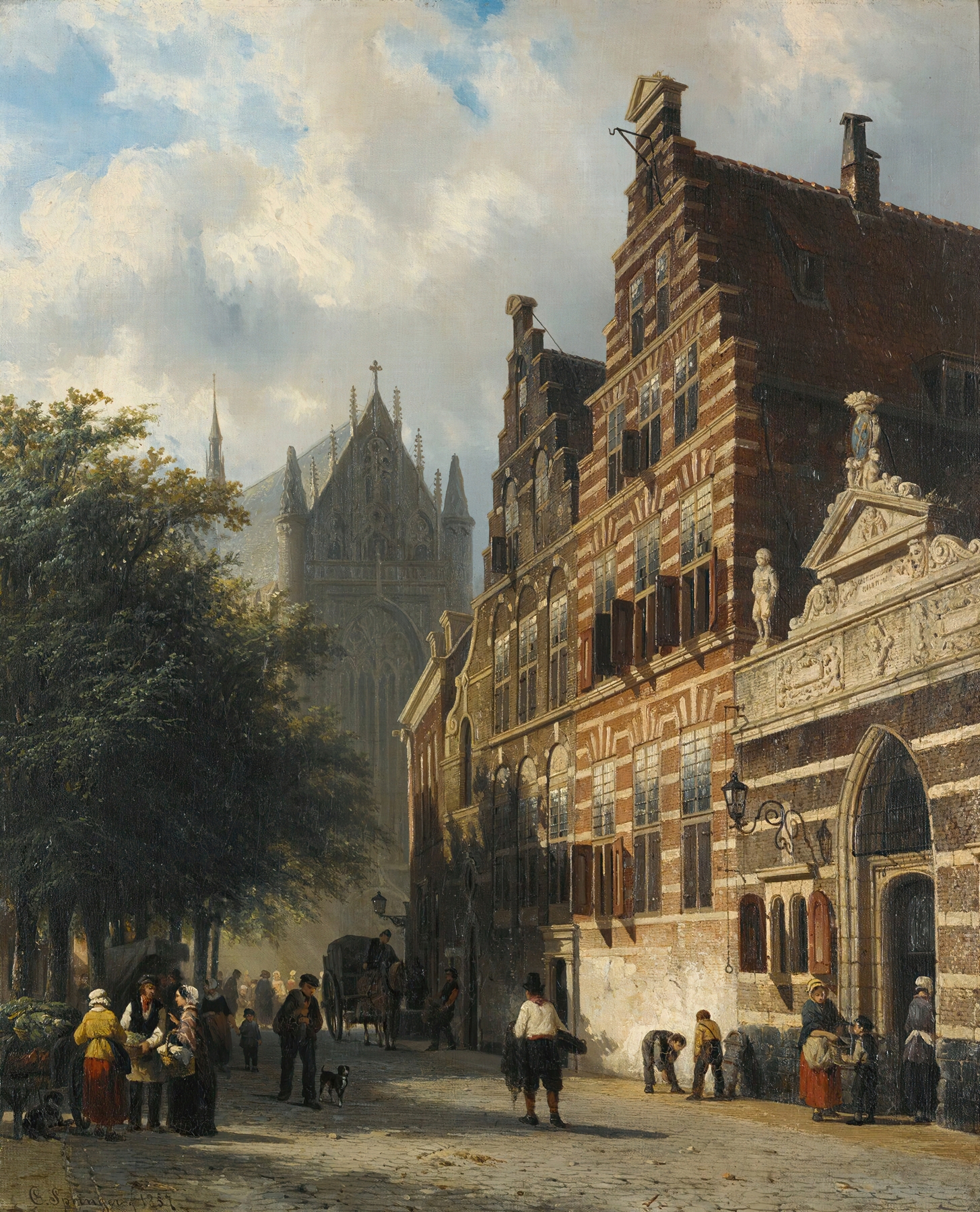 The Kerkgracht In Leiden, oil painting by Cornelis Springer depicting a church facade and canal.