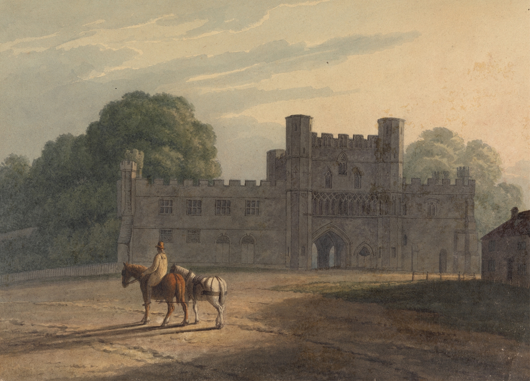 Foggy landscape with stone arches at Battle Abbey, oil painting by Henry Morton