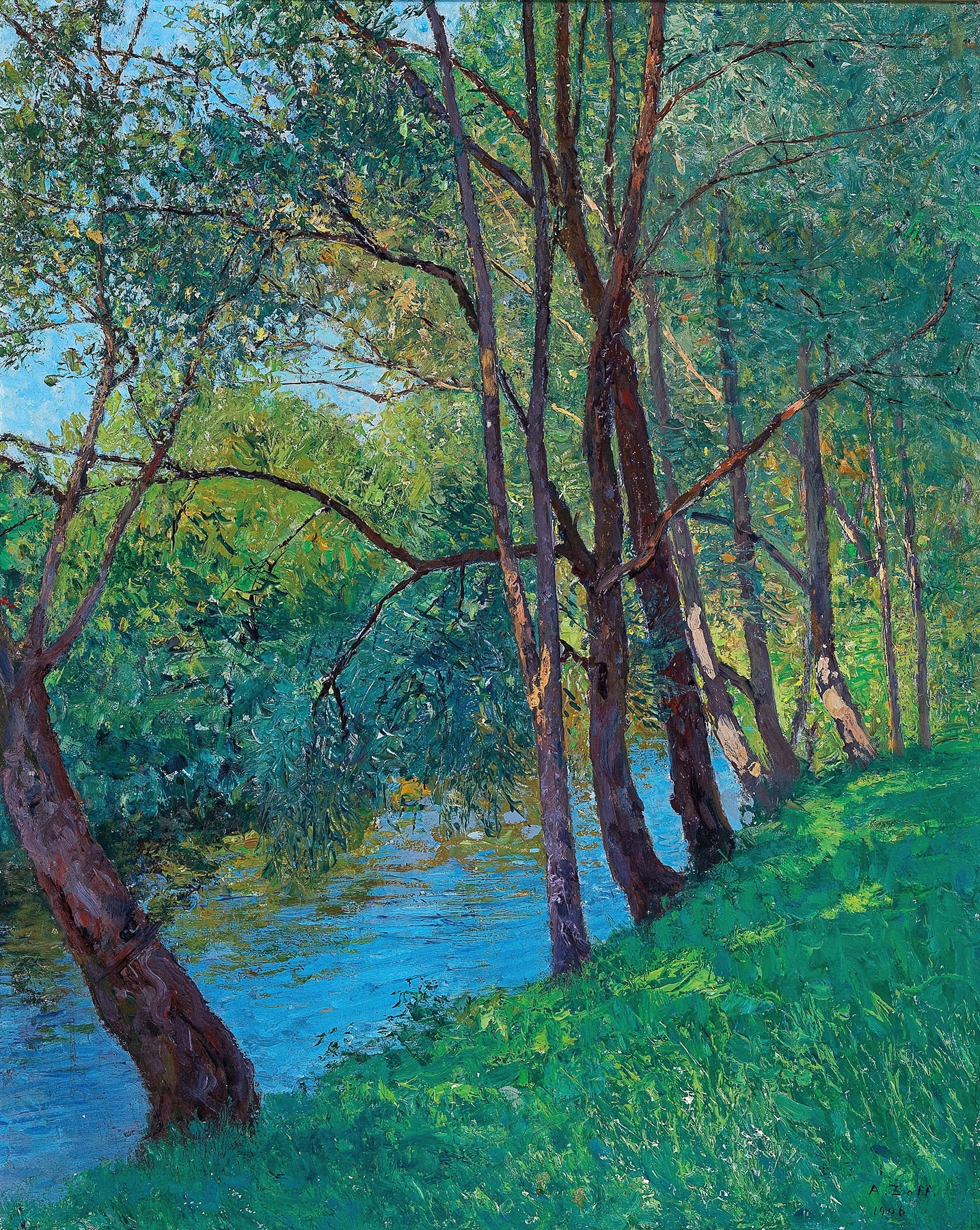Landscape with a stream and lush greenery, oil painting by Alfred Zoff