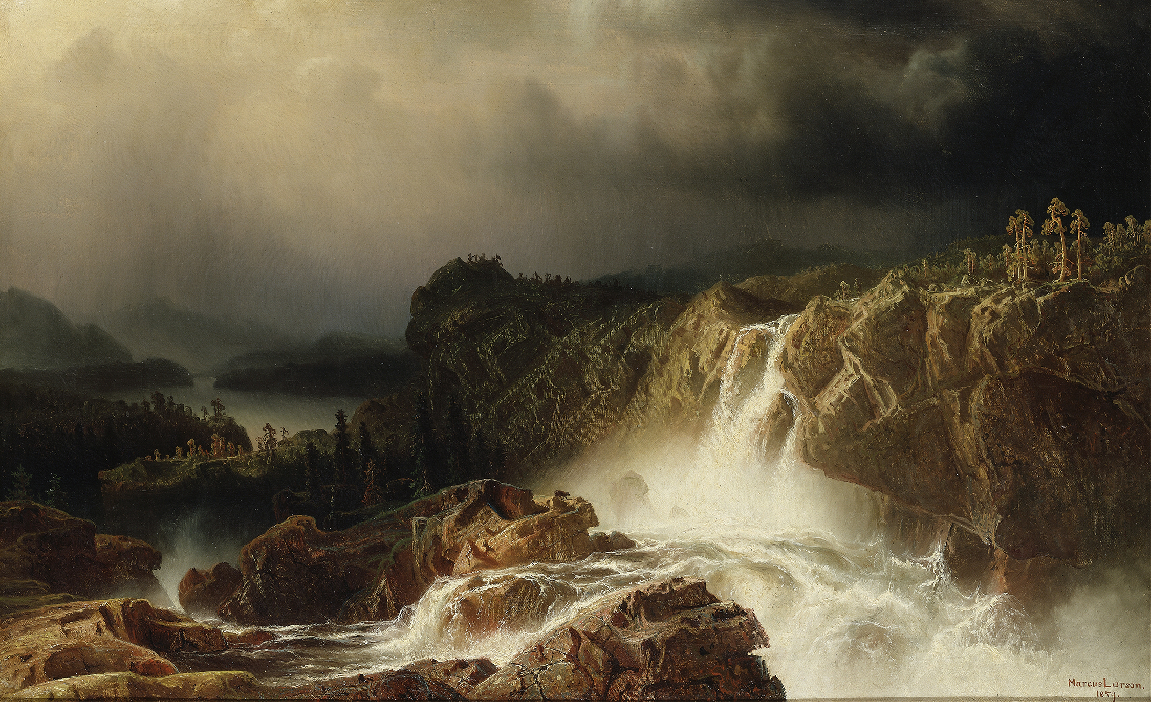Rocky Landscape with Waterfall by Marcus Larson, oil painting depicting a waterfall in a forest.