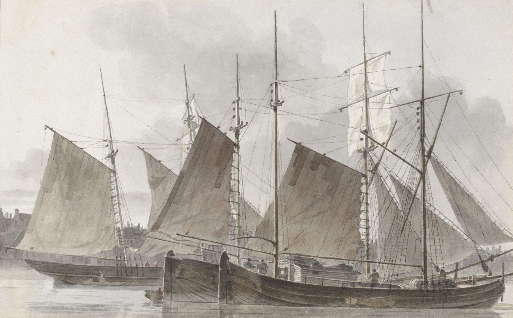 Zeilschepen aangemeerd voor een stad, by Hendrik Abraham Klinkhamer, public domain
