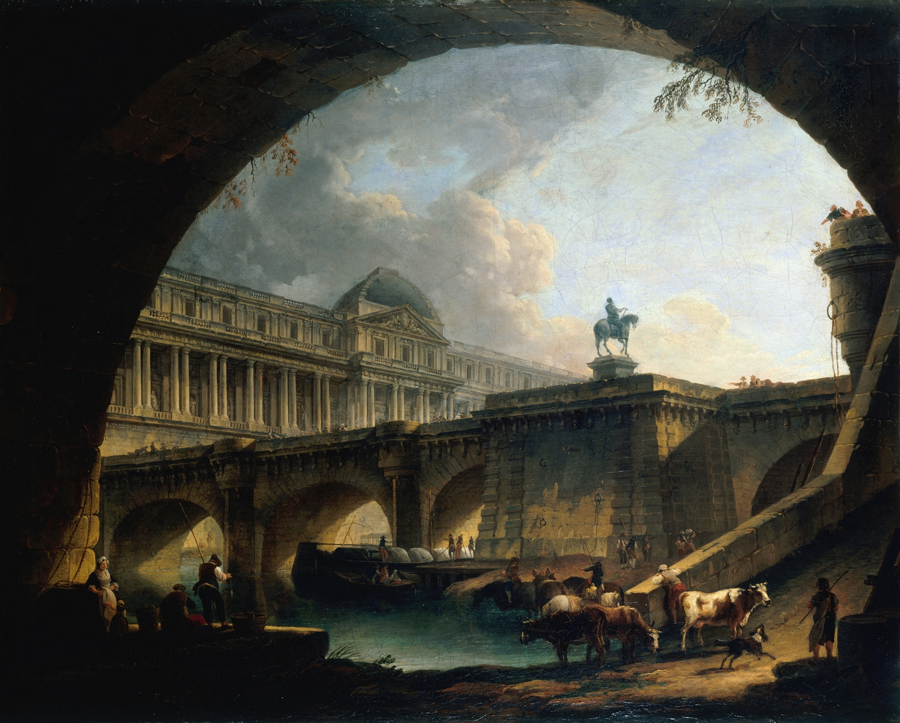 Caprice architectural by Pierre-Antoine Demachy, depicting a palace and bridge, unknown medium