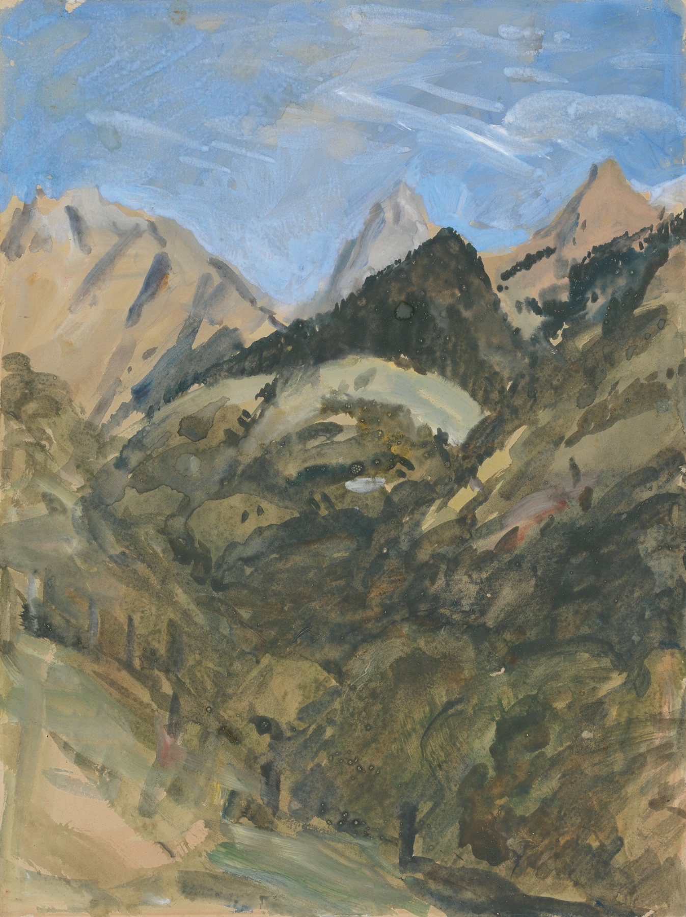 A Mountain View by Hercules Brabazon Brabazon, oil painting depicting vibrant mountains.