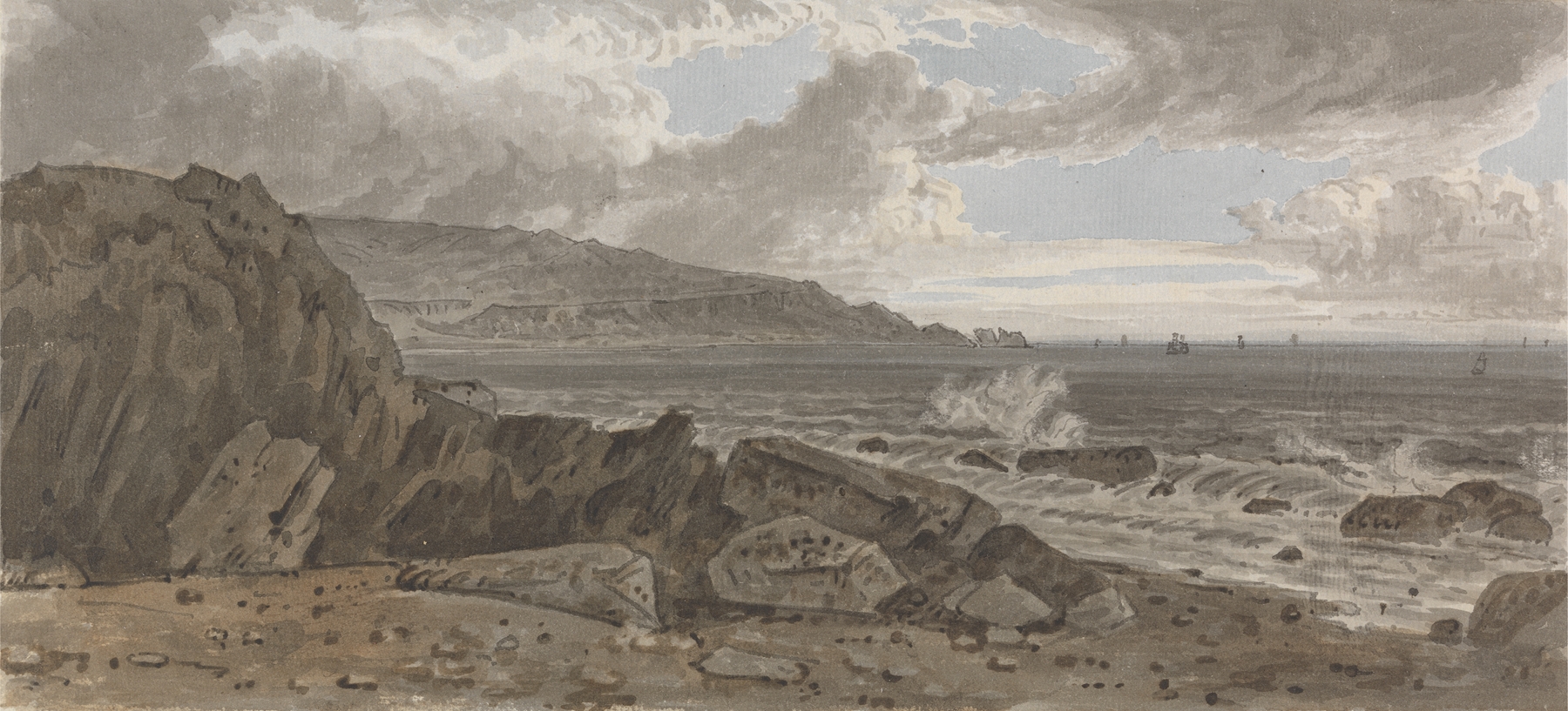 The Needles from Alum Bay by George Barret Jr., oil painting of vertical rock formations and a stormy sky.