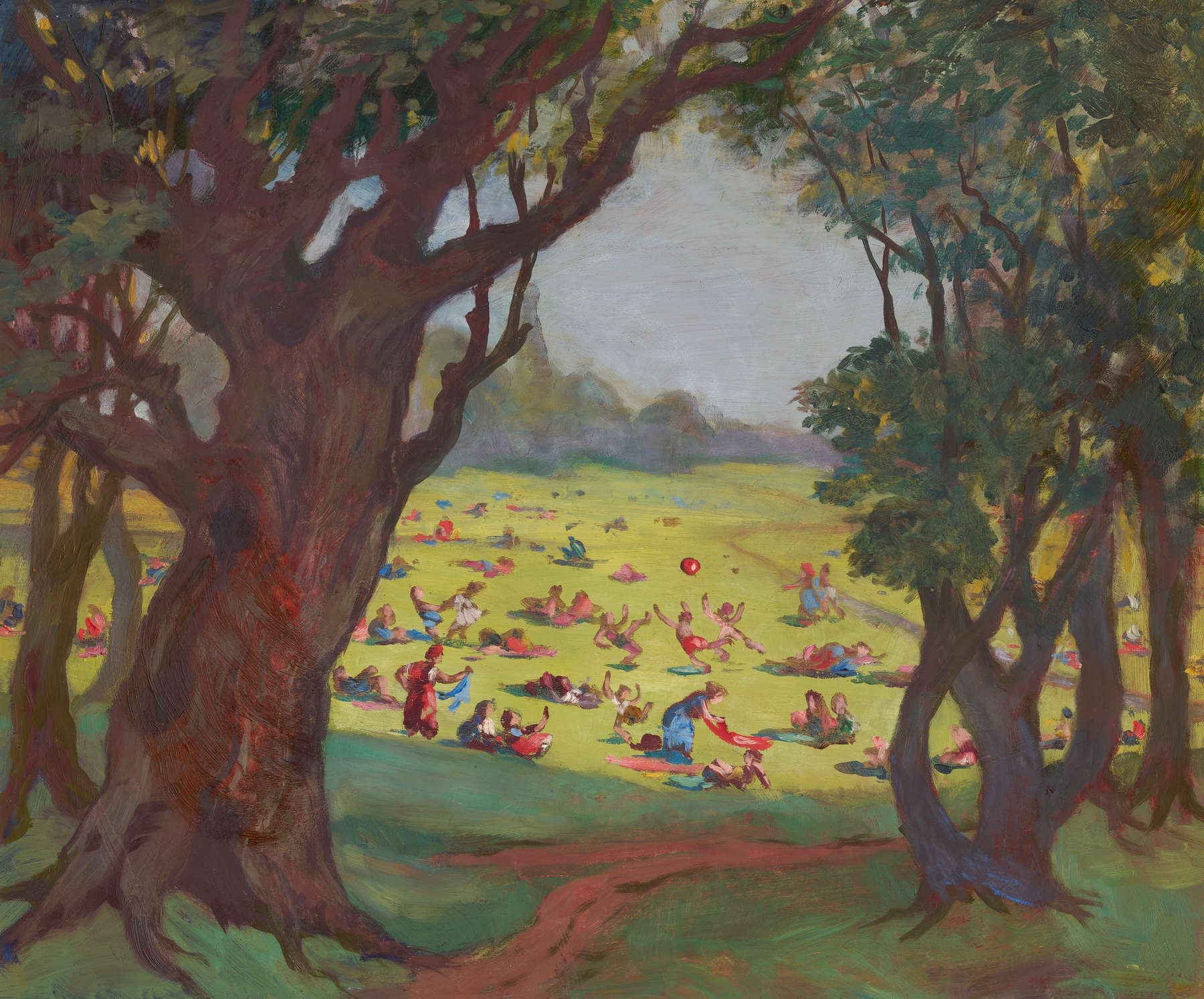 Genre scene depicting children around a colorful carousel, oil on canvas by Alice Wanke