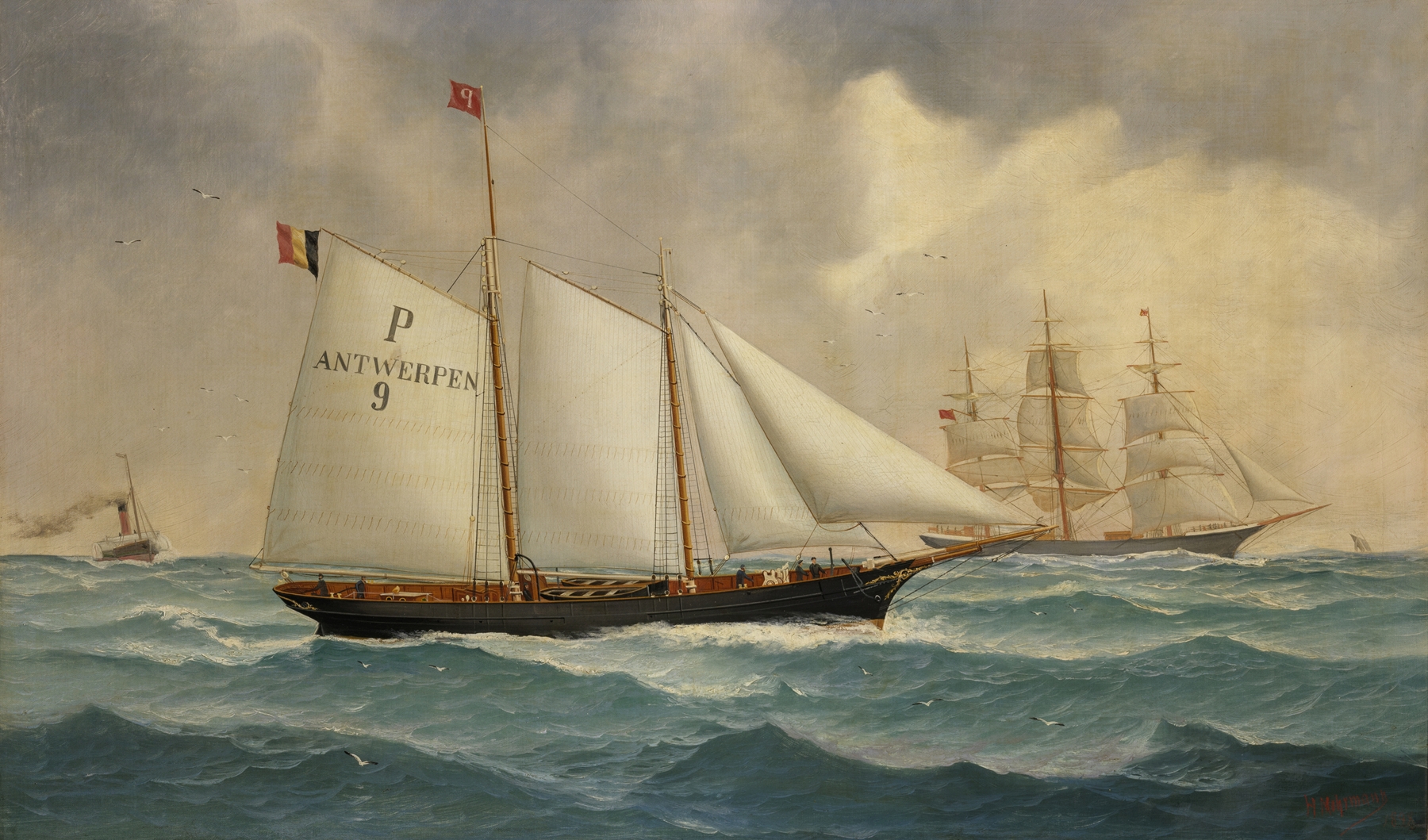 Loodsschoener 9 van het Belgisch loodswezen by John-Henry Mohrmann, oil on canvas depicting a calm ship on water.